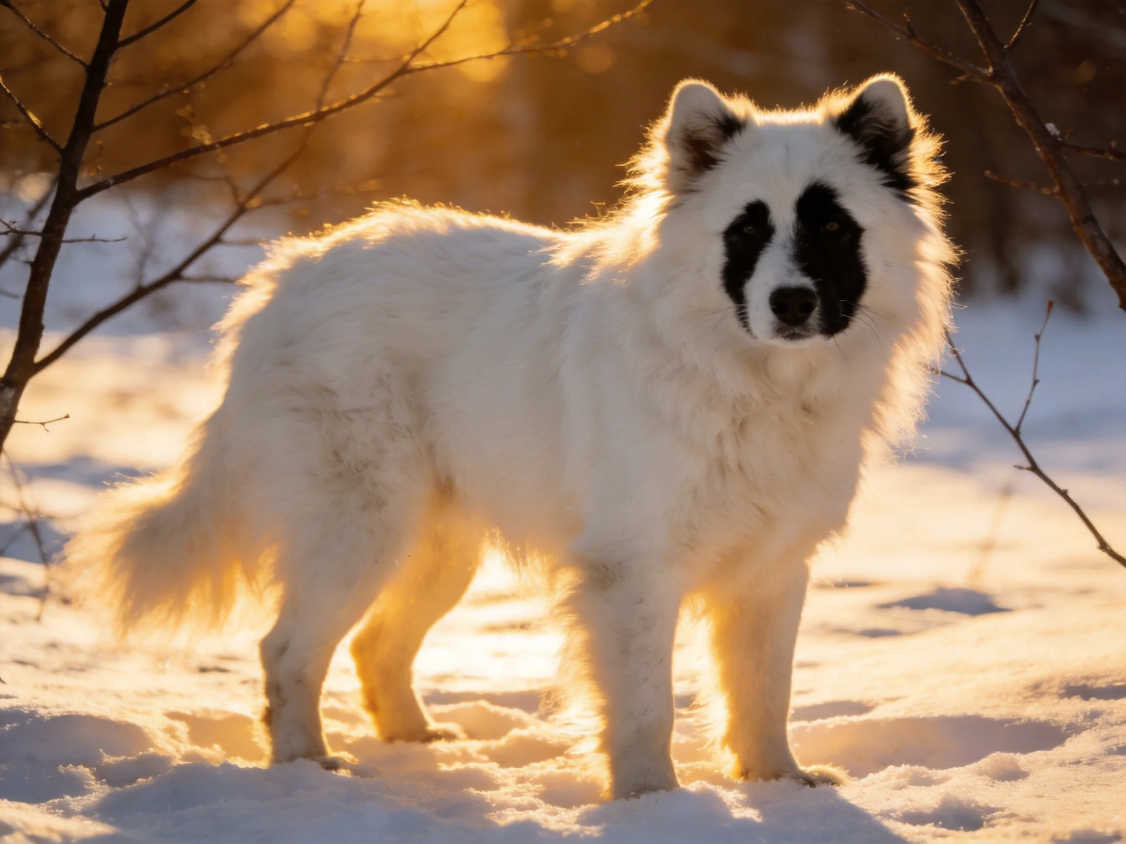 A white dog with black facial markings stands in a snowy, sunlit area.