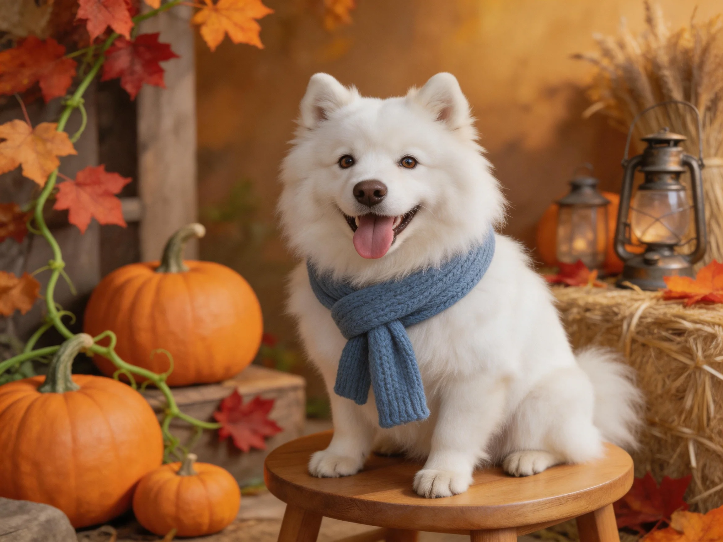 Fluffy white dog with blue scarf among orange pumpkins and autumn decor