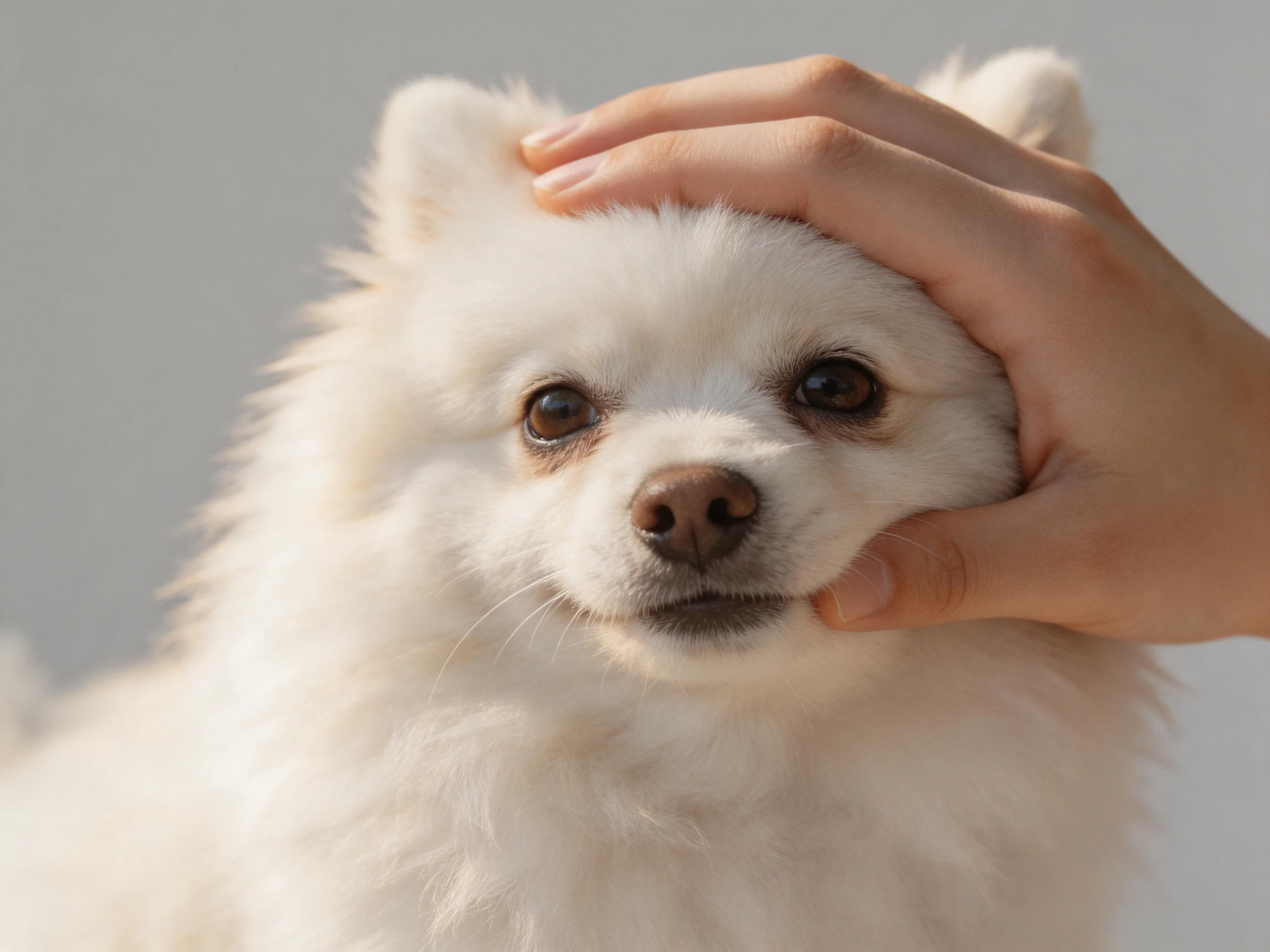 A small white dog experiences gentle petting from a human hand.