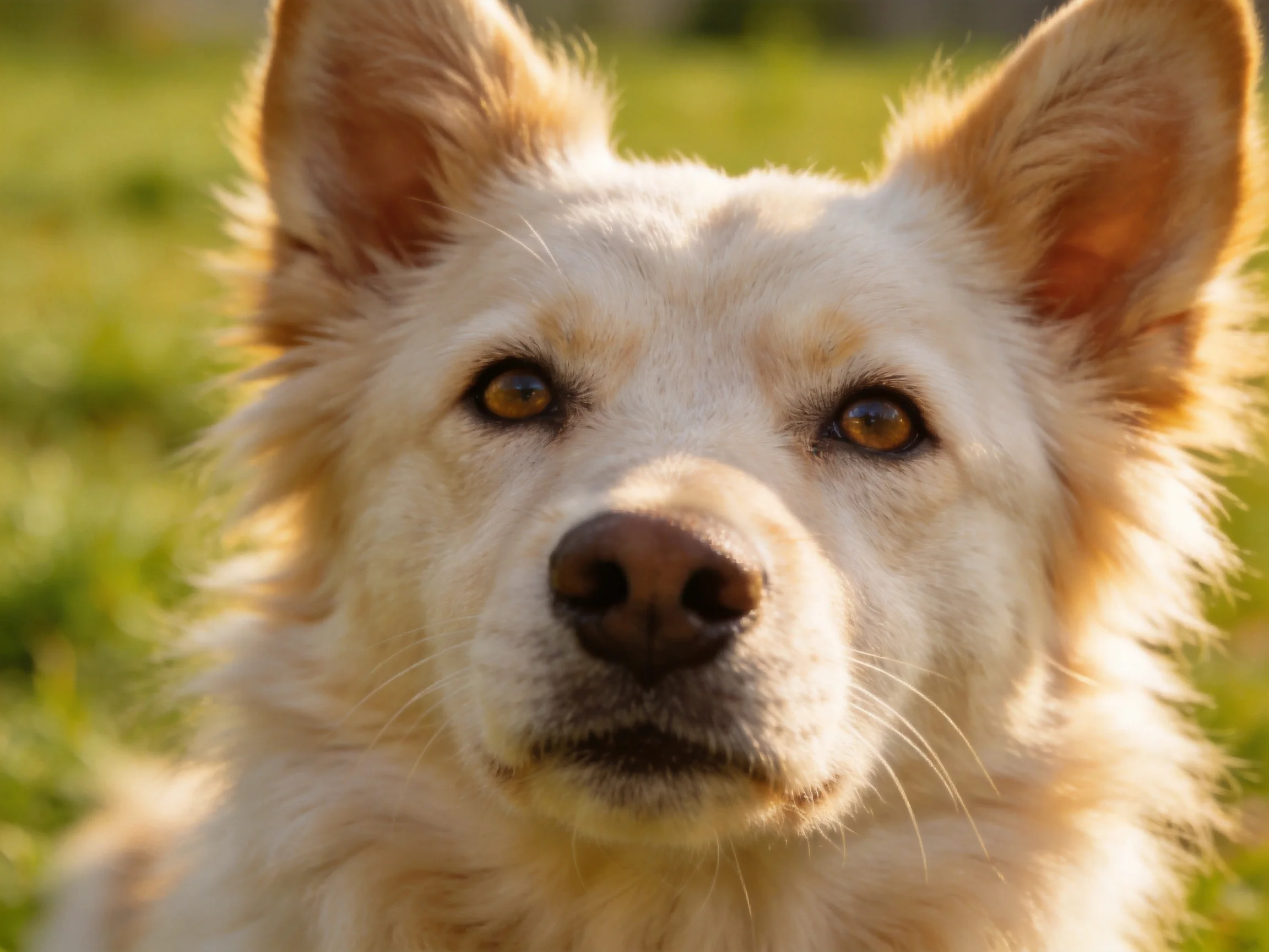 A fluffy white dog with tan ears is photographed in a sunlit outdoor area.