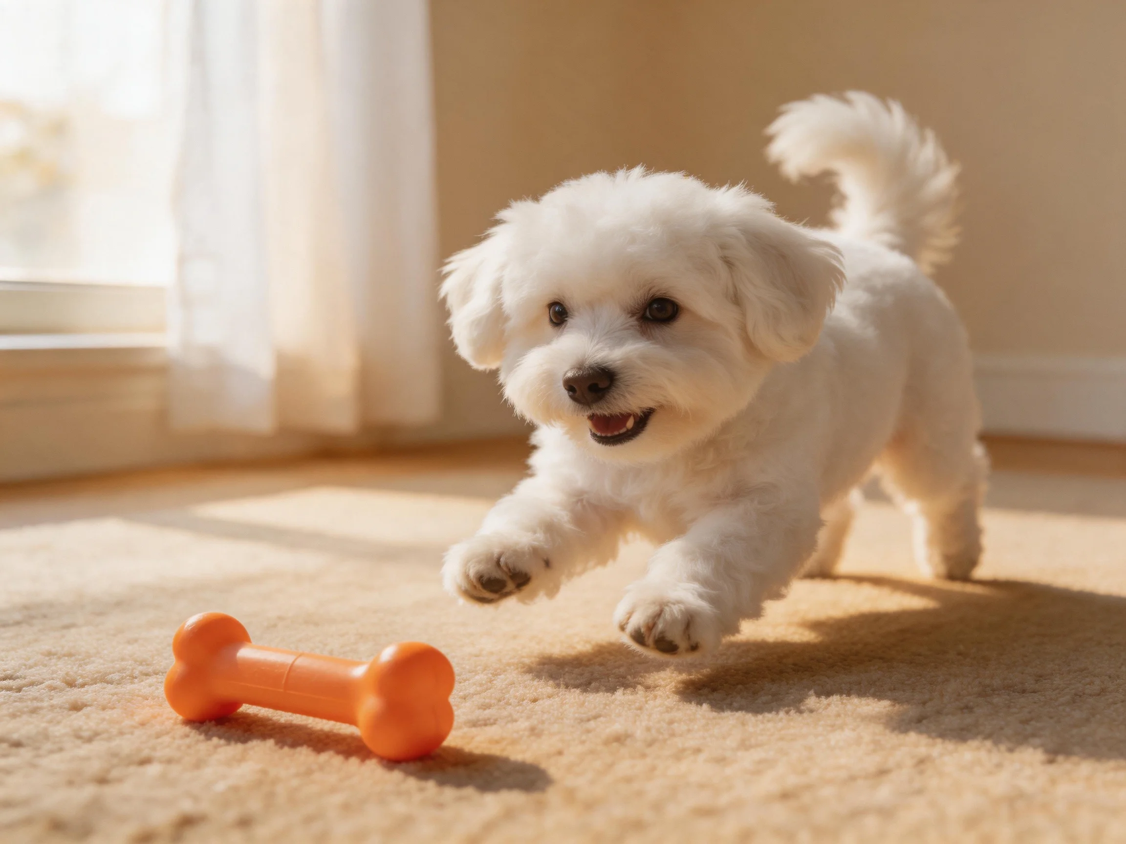 Fluffy white puppy chasing orange toy bone on carpet