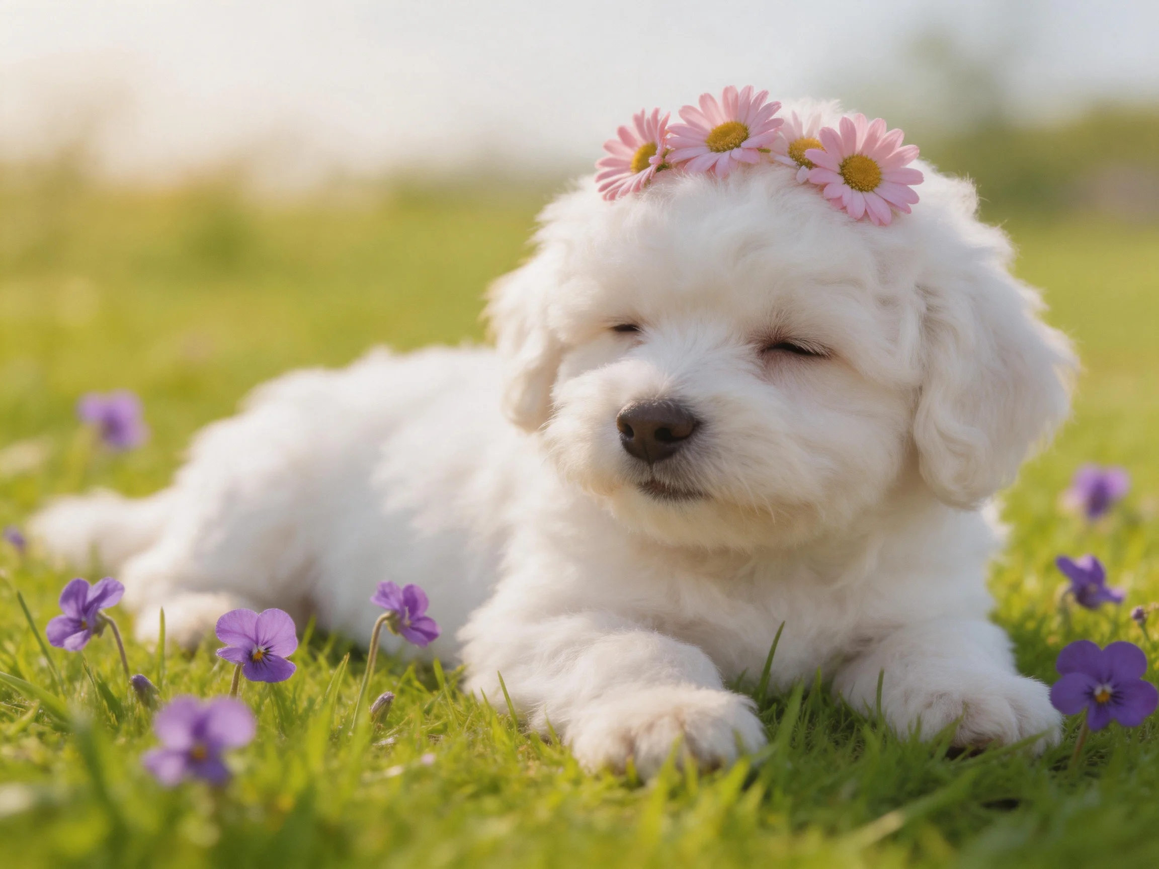 A white puppy relaxes amid colorful flowers in a sunny field.