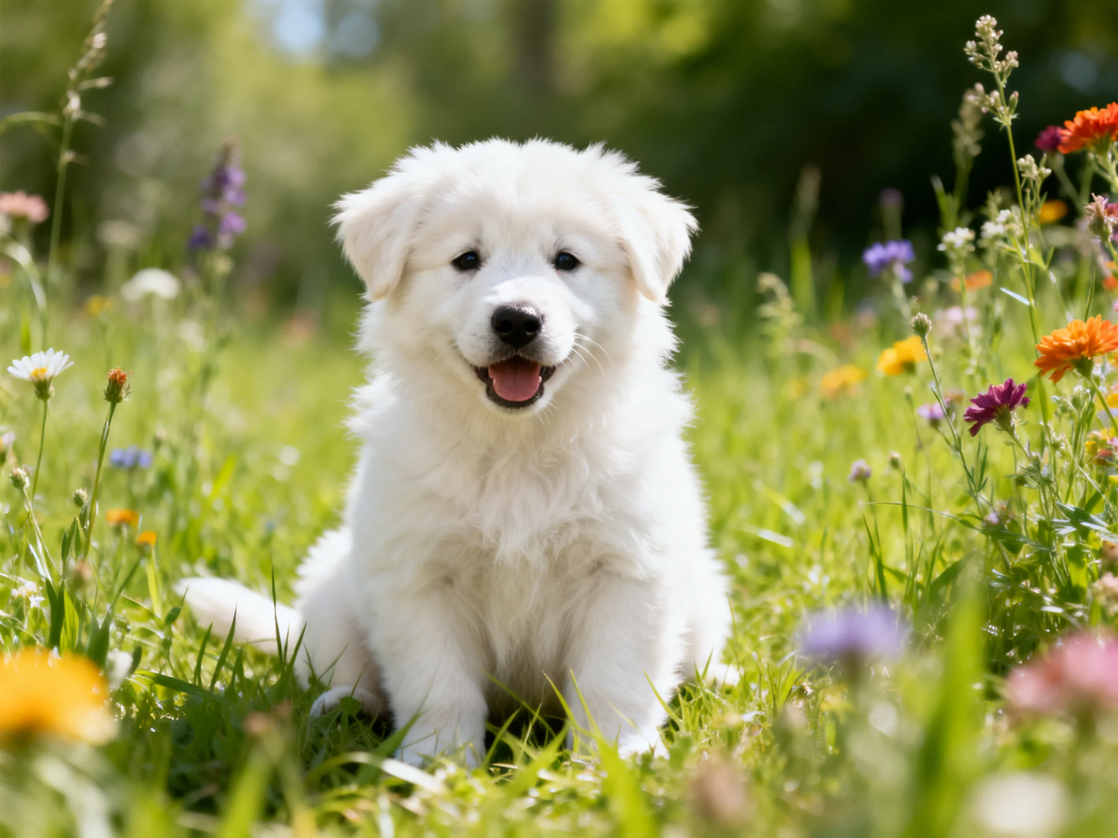 Fluffy white puppy surrounded by colorful wildflowers in a sunny meadow