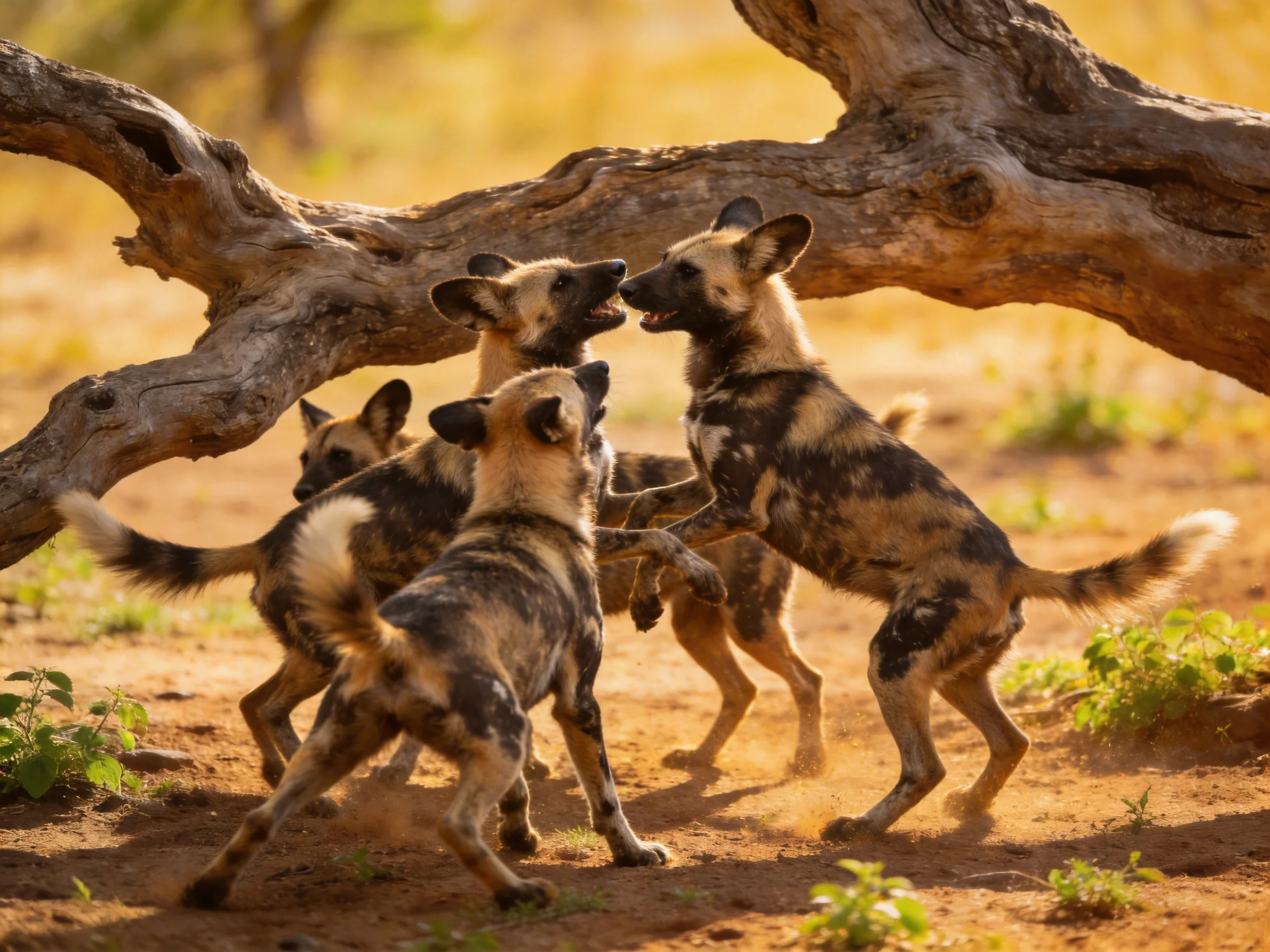 Four African wild dogs play near a gnarled tree trunk in golden terrain