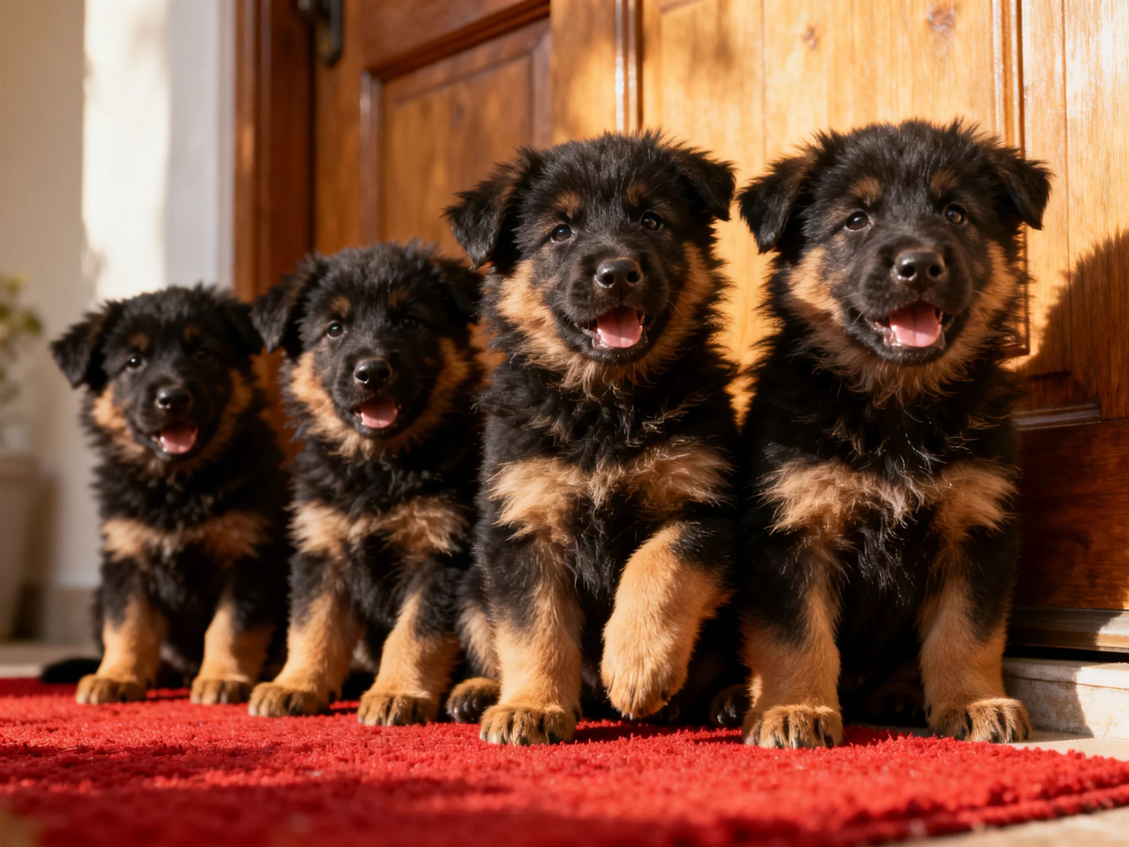 Four black and tan puppies sit on a red mat by a wooden door