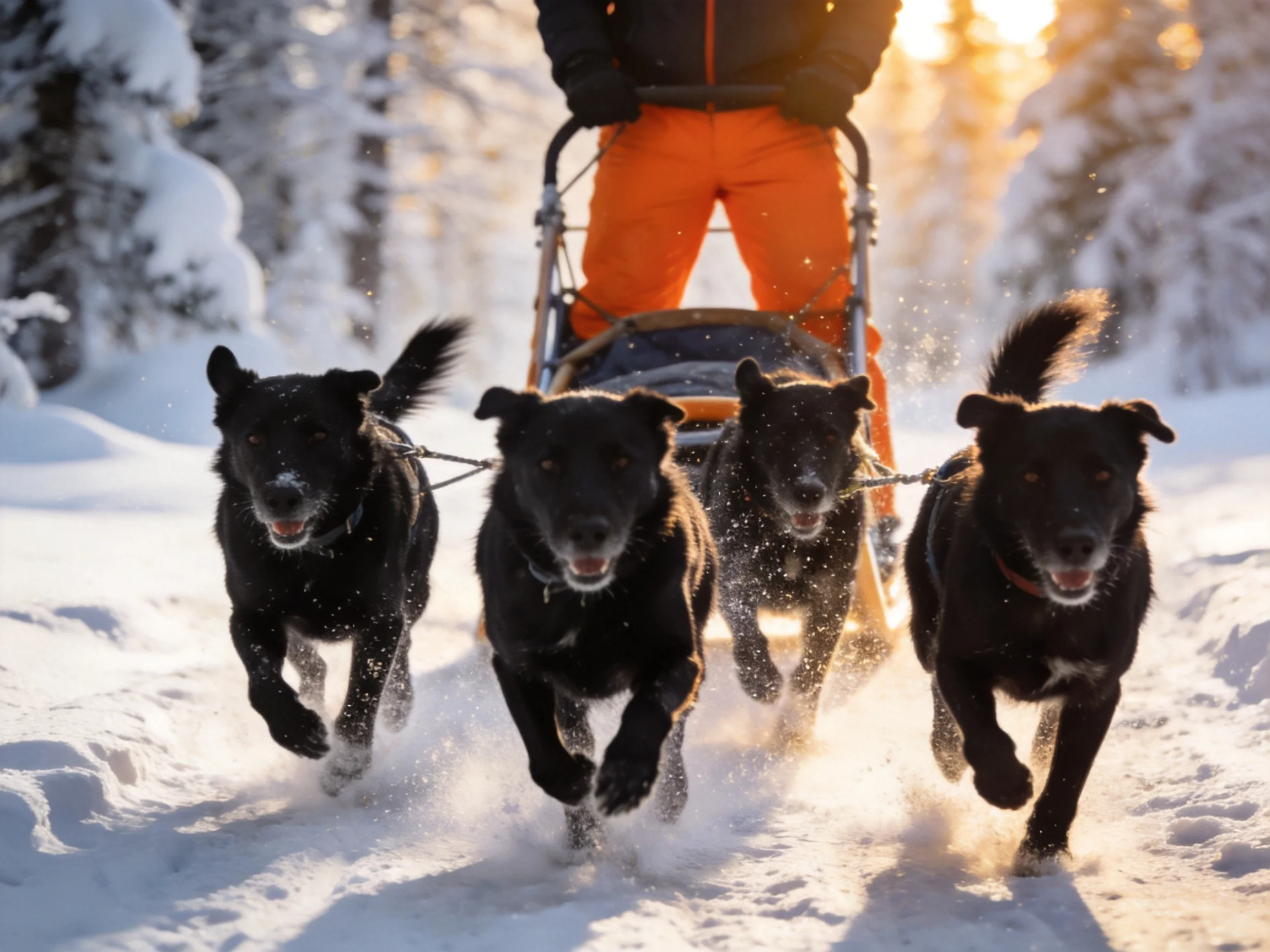 Four black sled dogs pull a sled through snowy forest trails