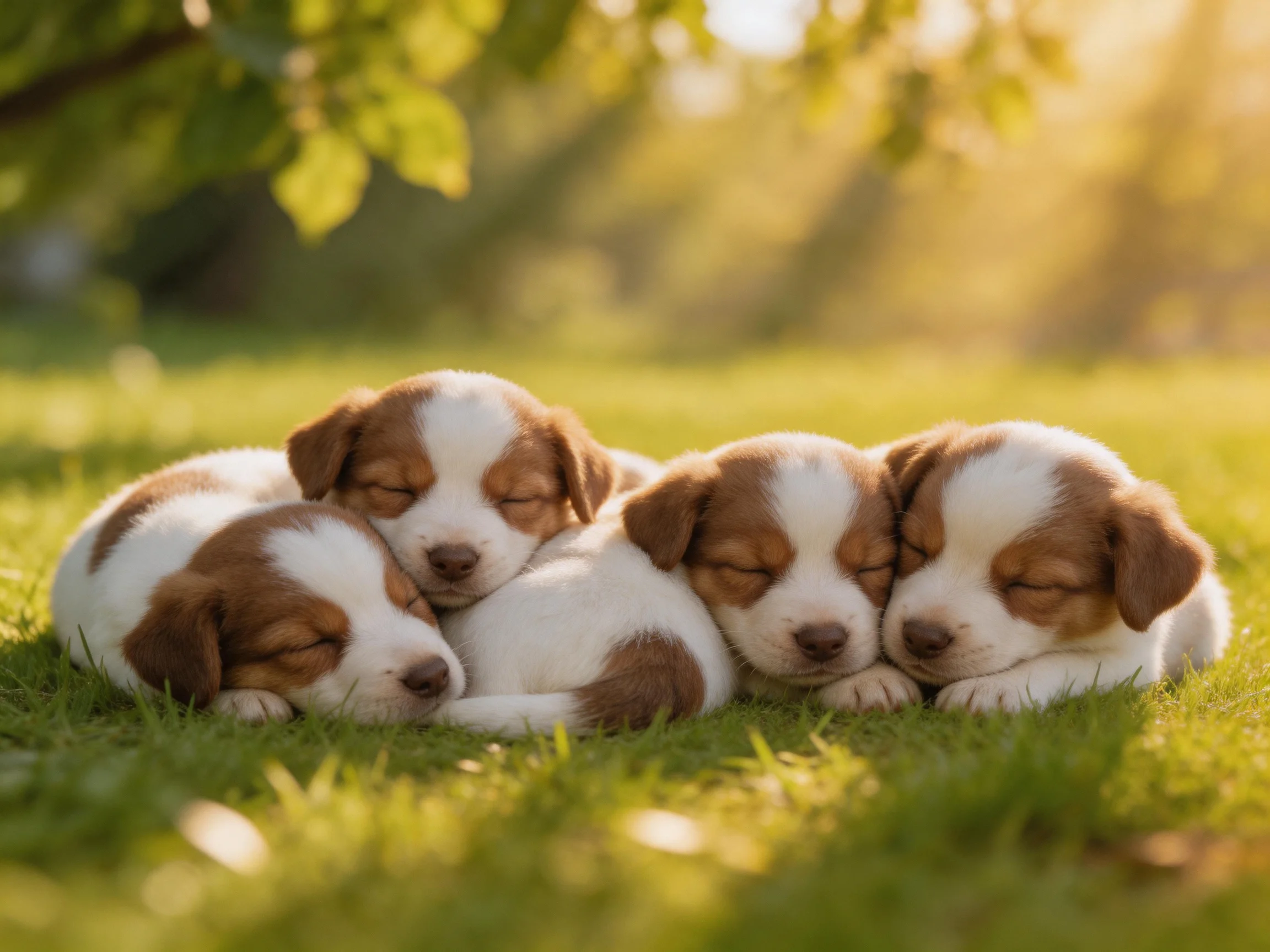 Four brown-and-white puppies cuddle on sunlit green grass