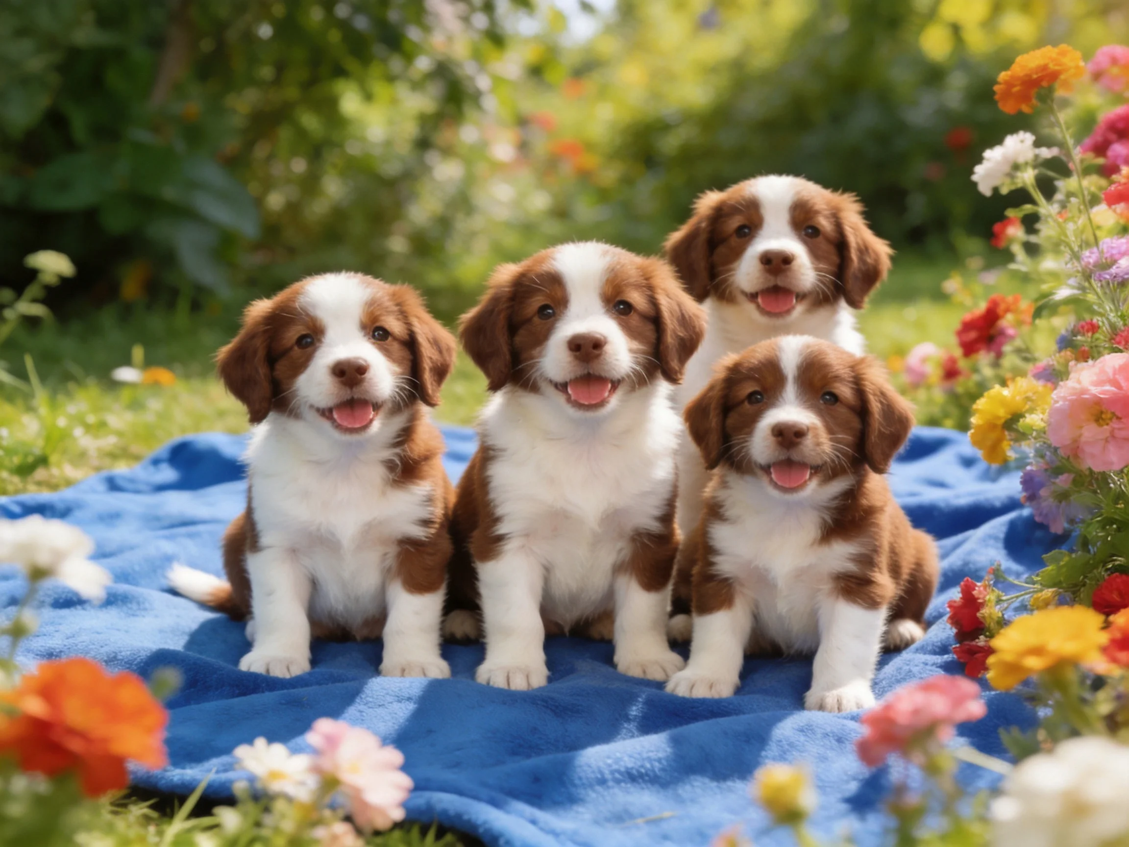 Four brown-and-white puppies sit on a blue blanket amid colorful flowers