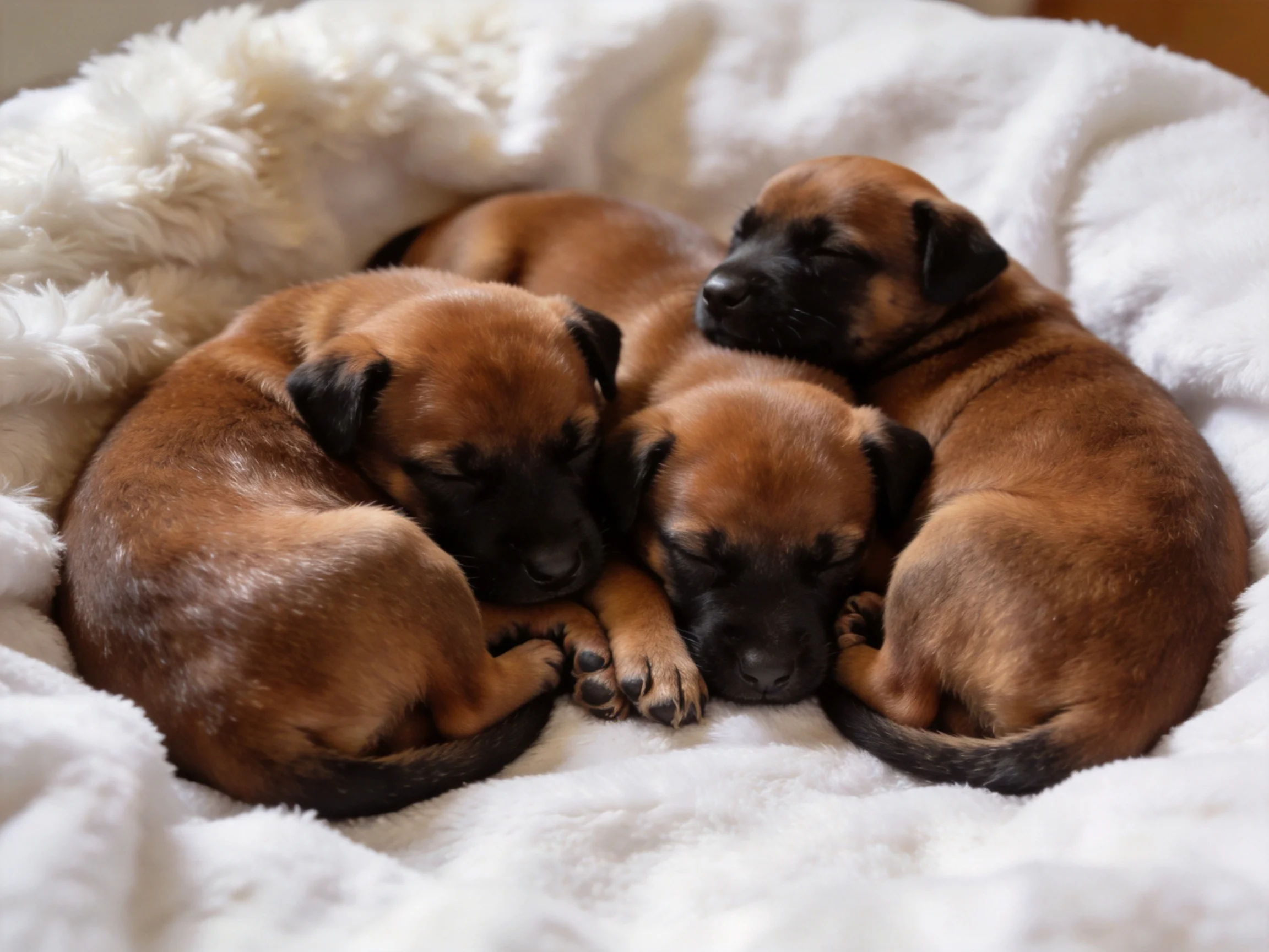 Four brown puppies cuddle together on a fluffy white blanket