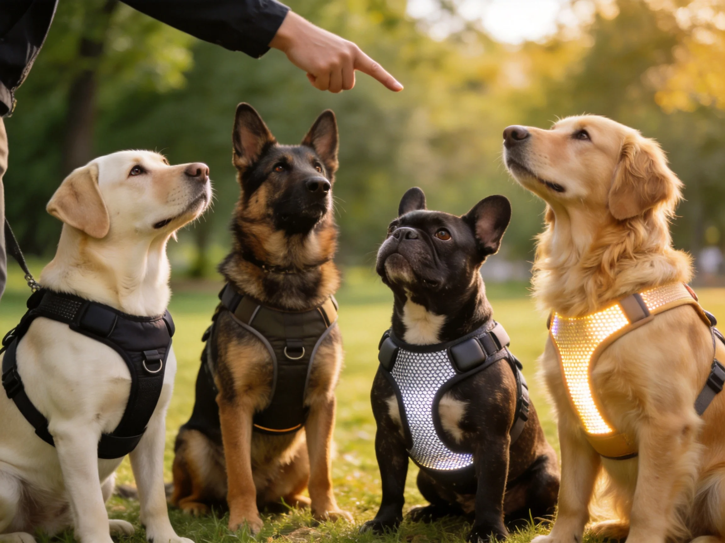 Four diverse dogs in harnesses gather near a pointing hand