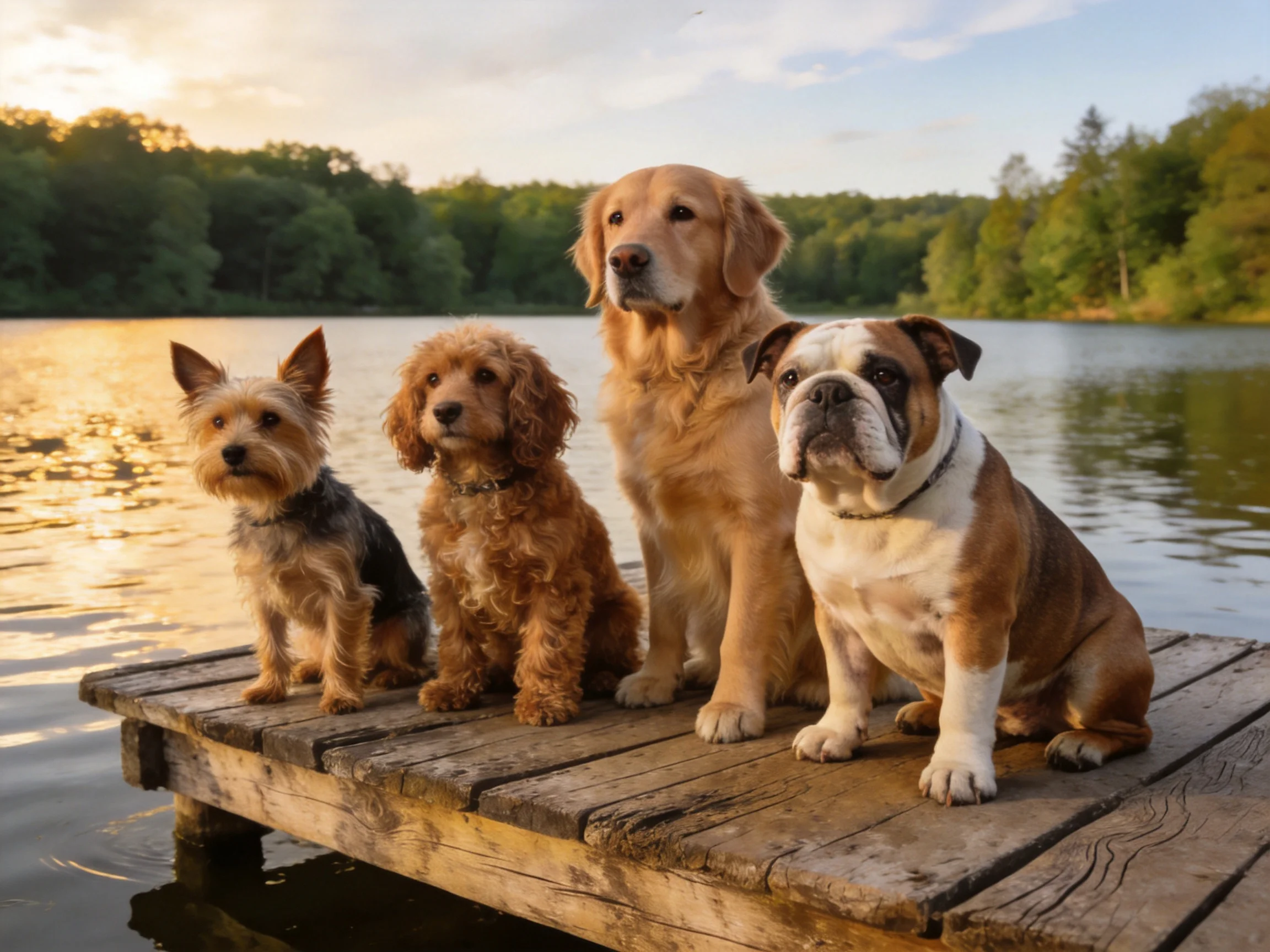 Four dogs of different breeds gather on a wooden dock near a peaceful lake.