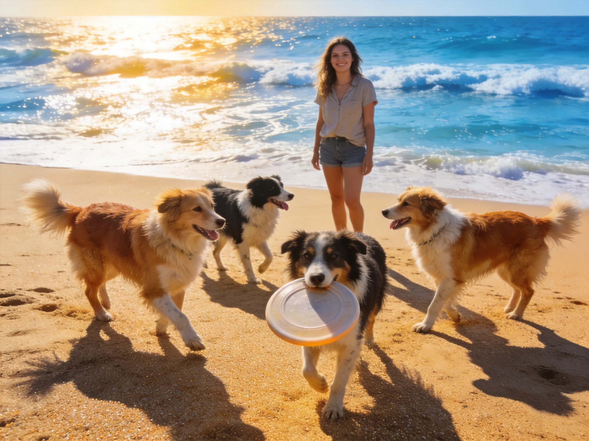 Four dogs and a woman play with a frisbee on a sunny beach