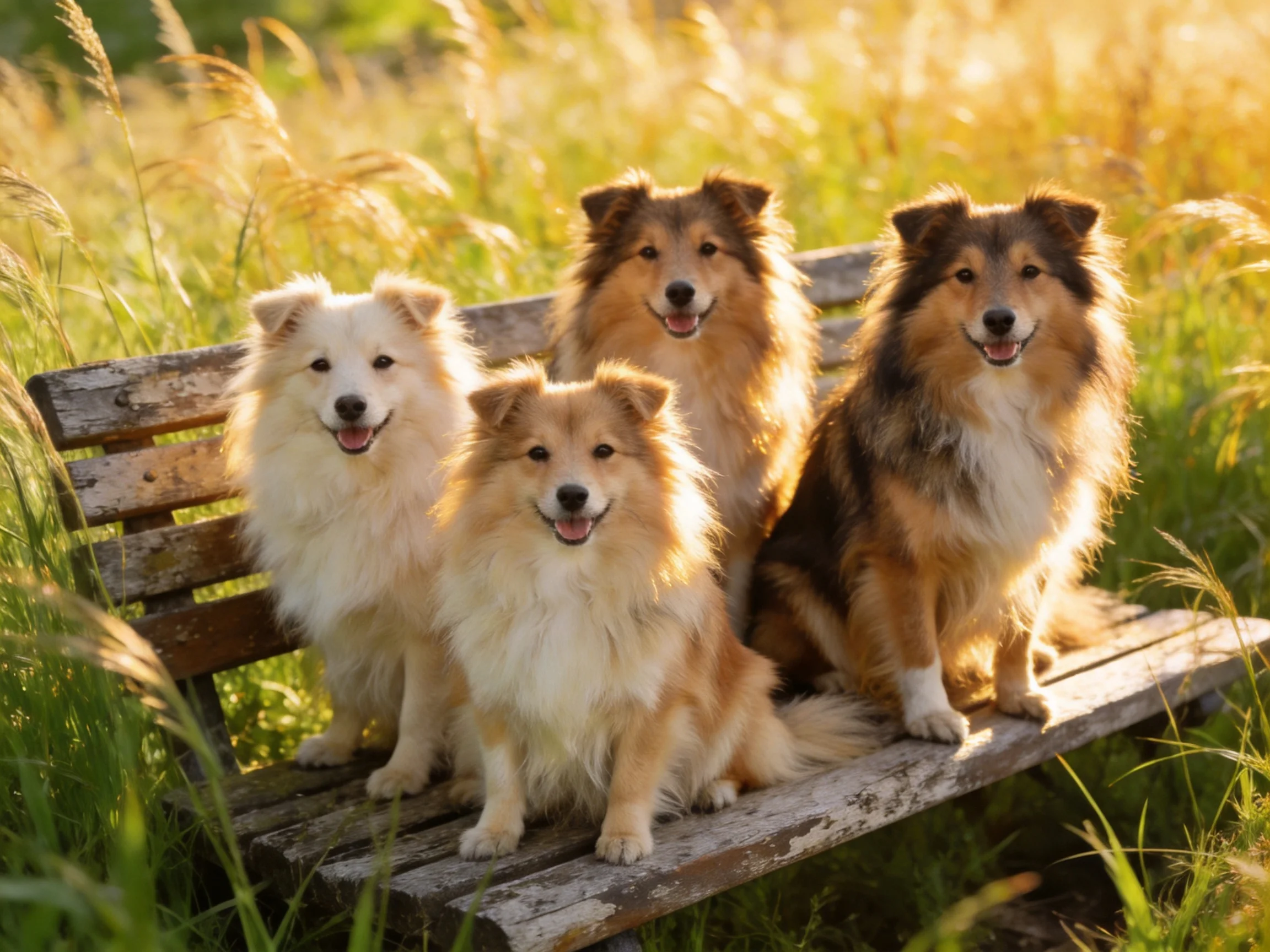 Four dogs of assorted colors sit on an aged wooden bench