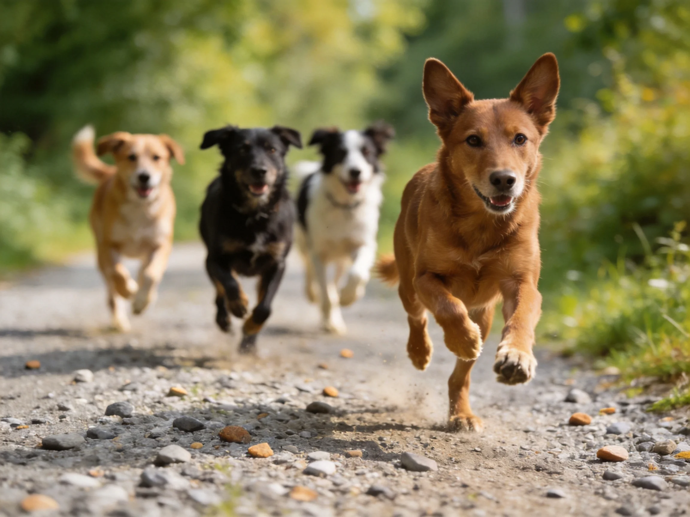 Four dogs of different colors sprint along a gravel path