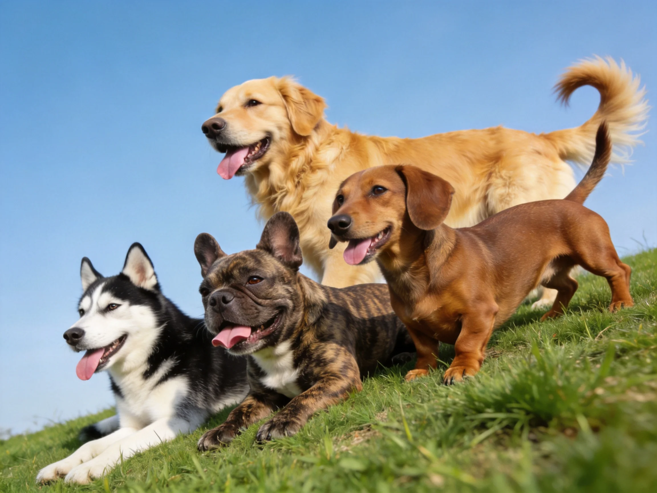 Four dogs of distinct breeds relax on a grassy slope