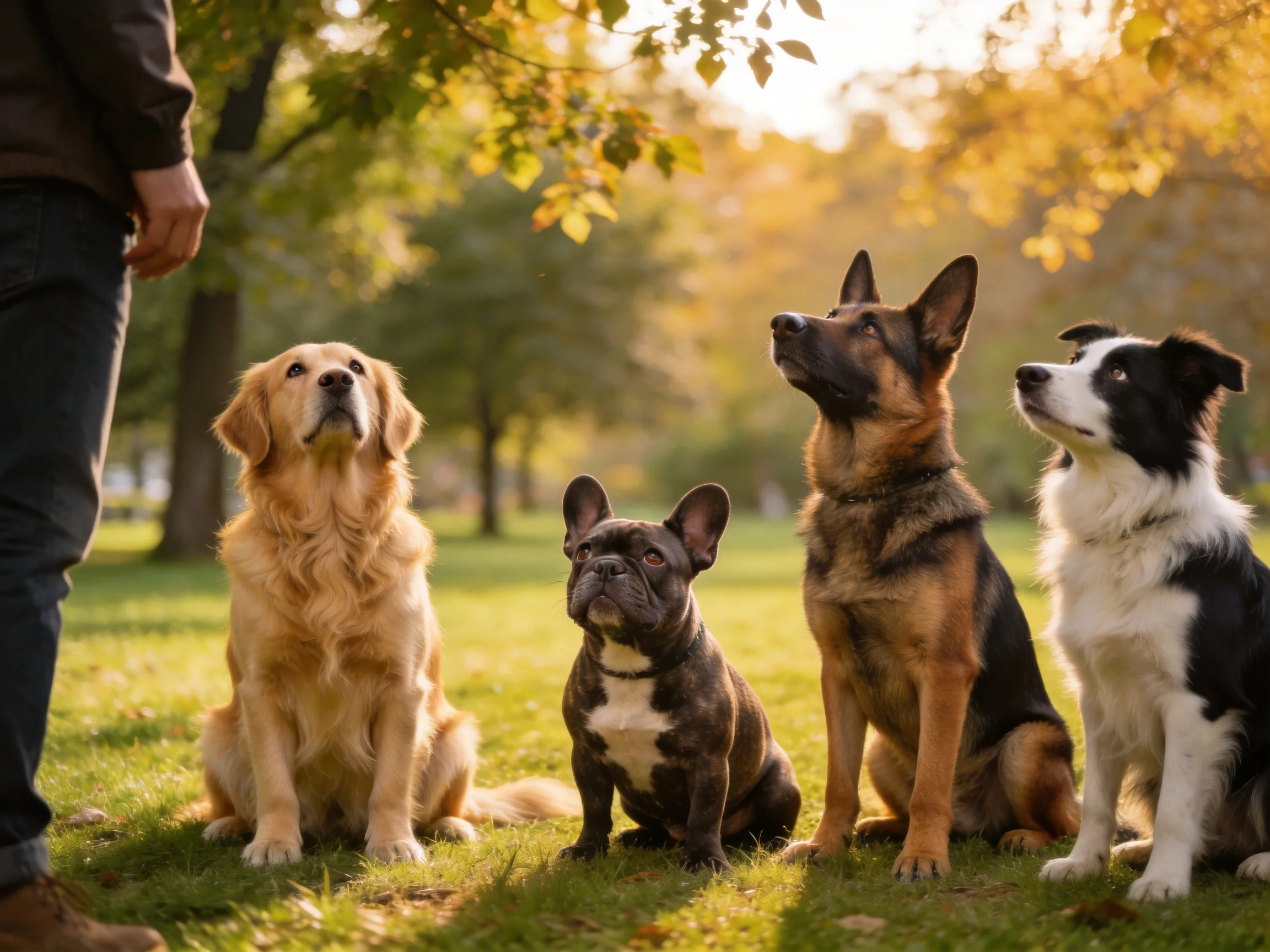 Four dogs of diverse breeds sit attentively in a sunlit park