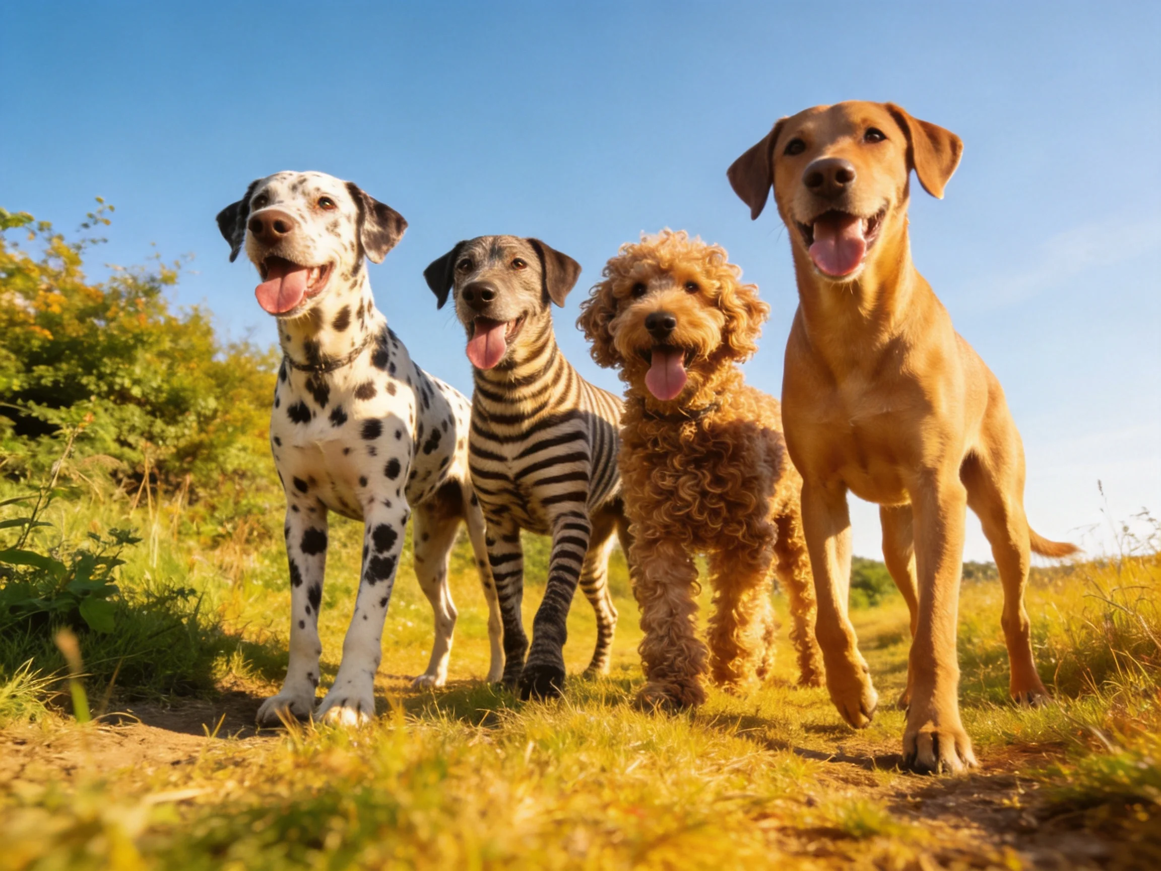 Four dogs of varied breeds stroll on a sunlit dirt path