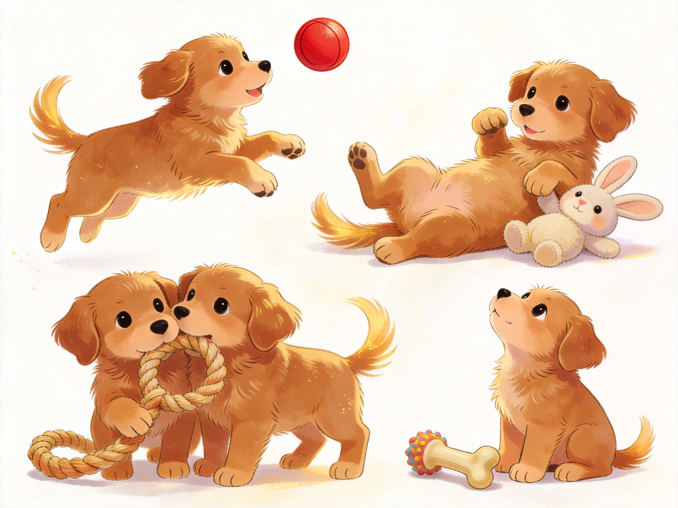 Four golden retriever puppies play with different toys across multiple scenes.