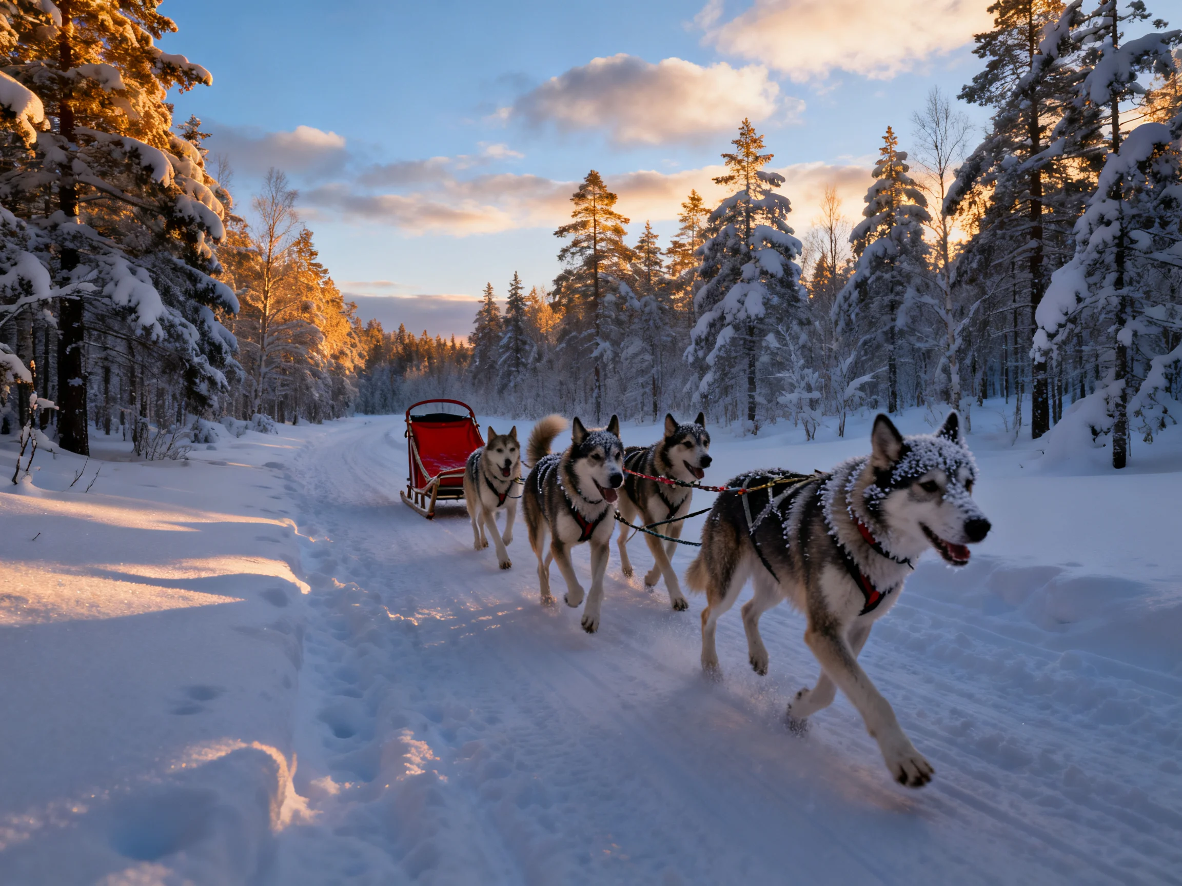 Four husky sled dogs pull a red sled through a snow-covered forest