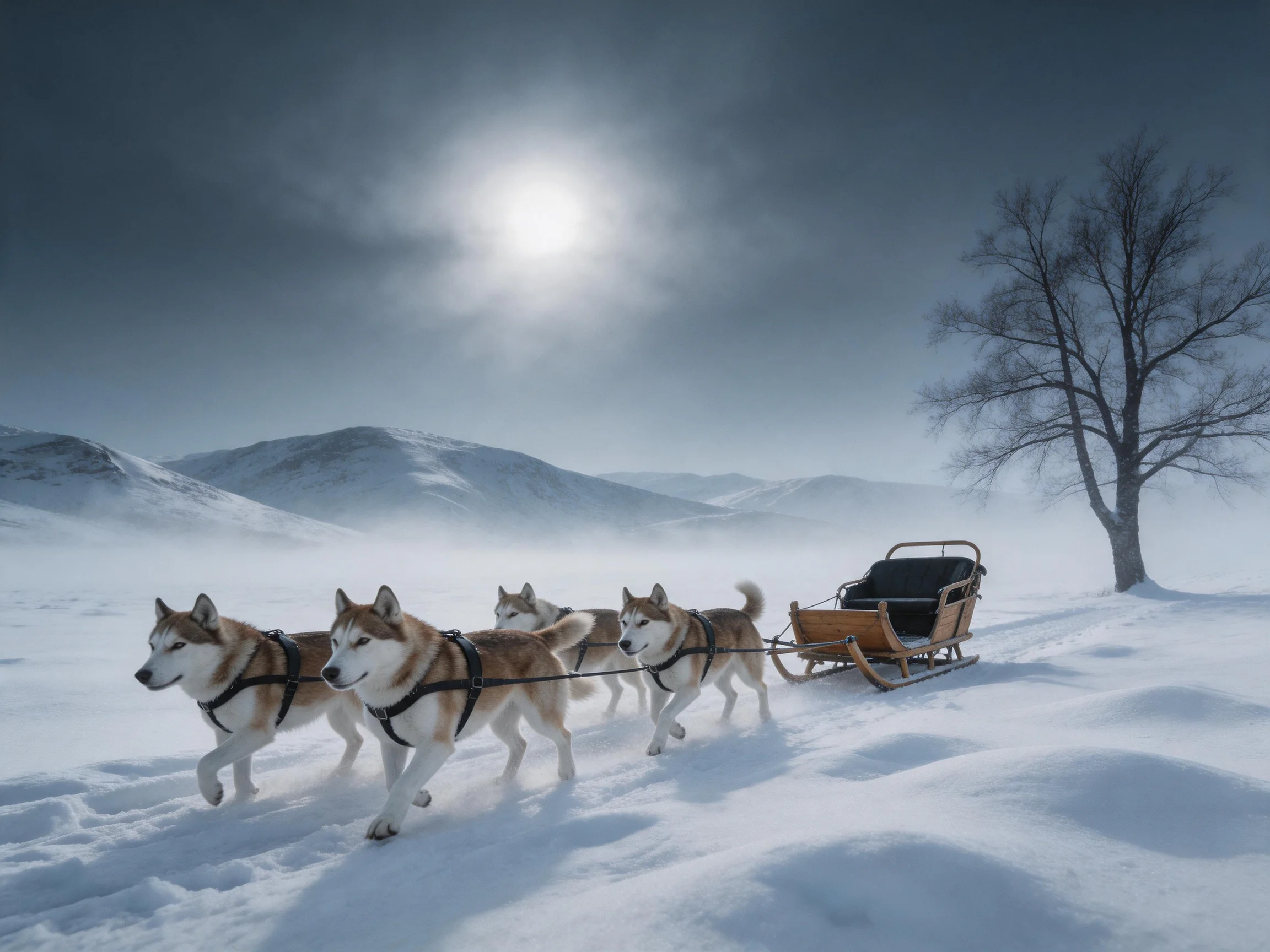Four husky sled dogs pull a wooden sled through snowy terrain