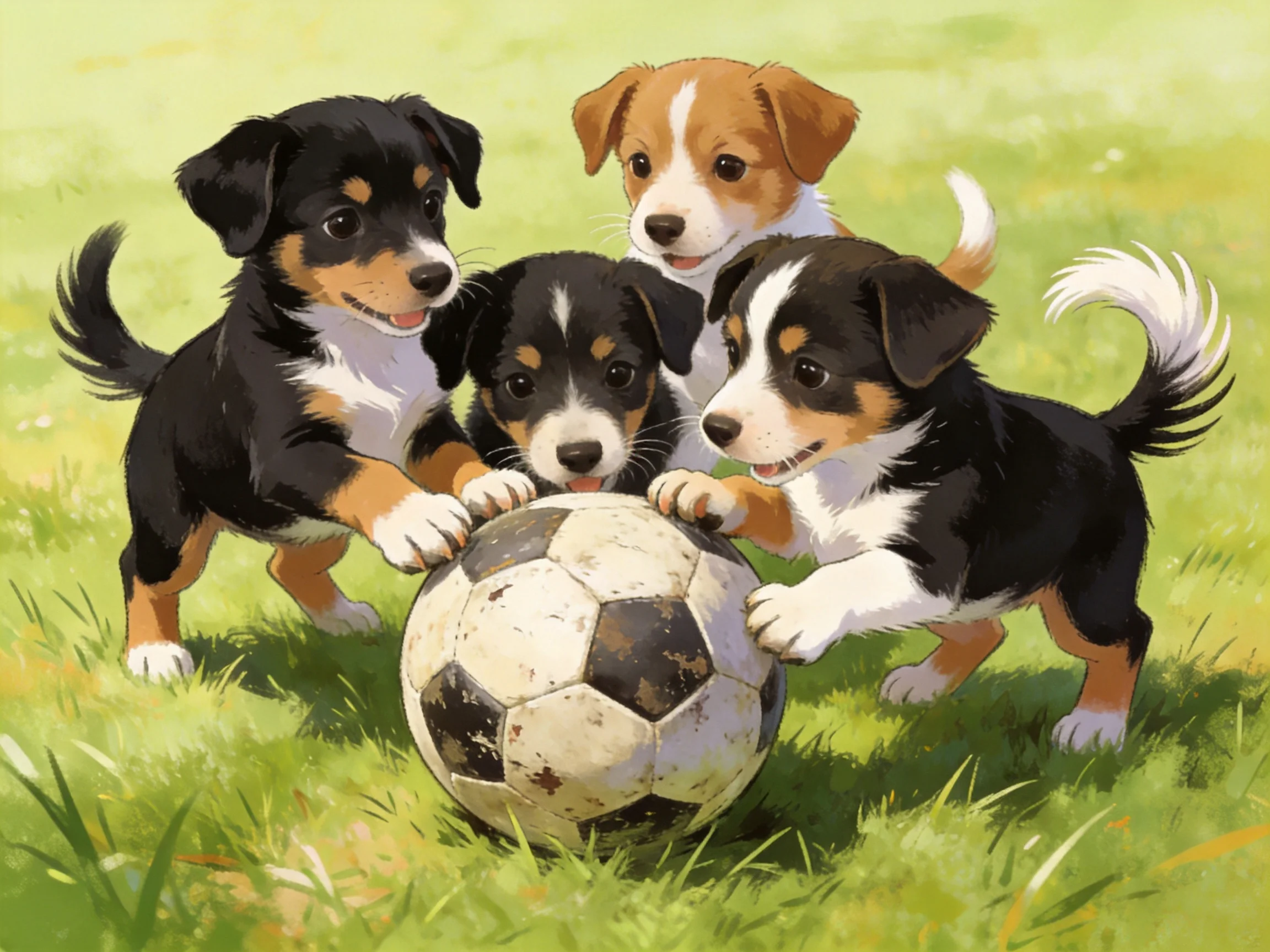 Four playful puppies interact with a worn soccer ball on green grass