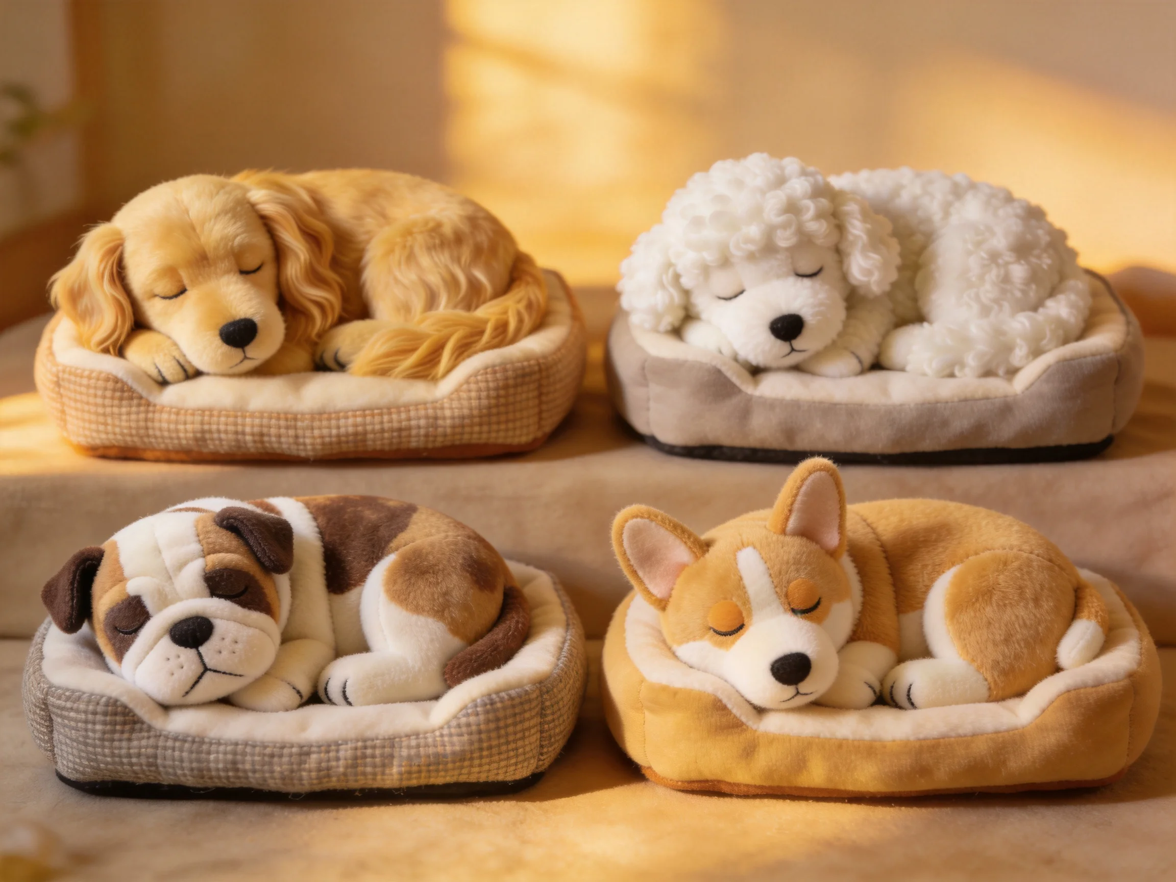 Four stuffed dog toys sleep in soft, patterned pet beds.