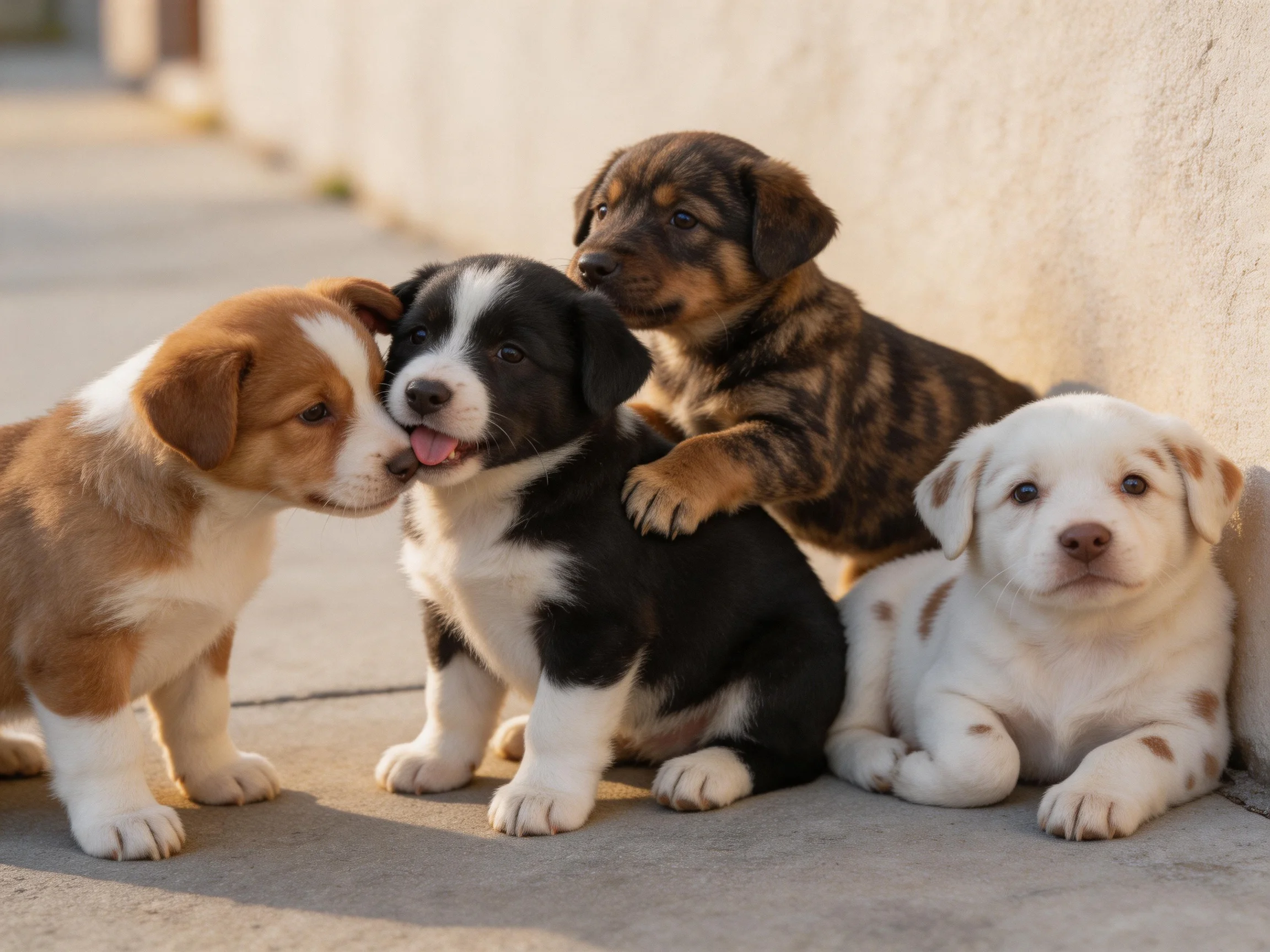 Four puppies of diverse colors gather near a textured wall