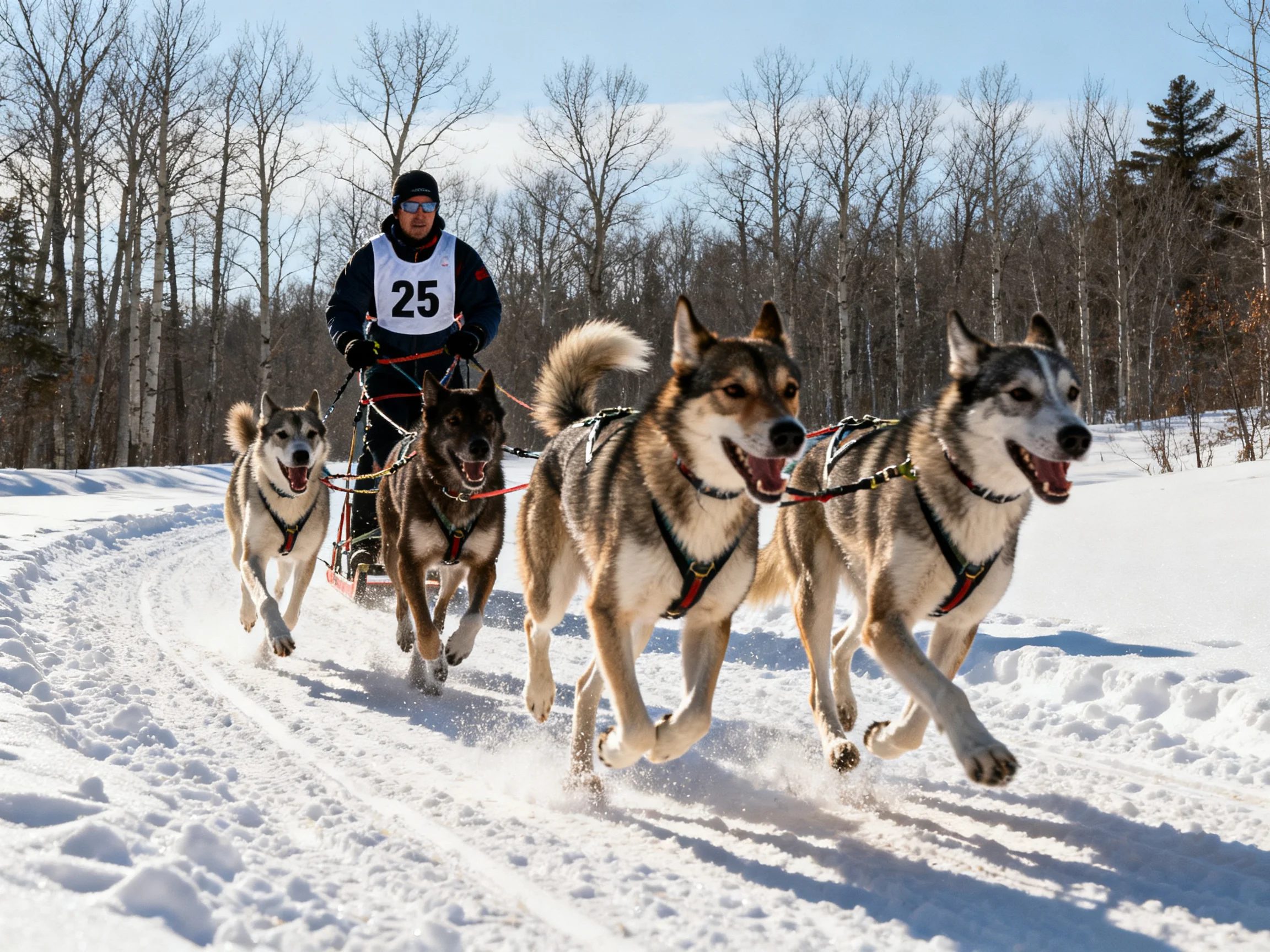 Four sled dogs pull a musher through snowy terrain