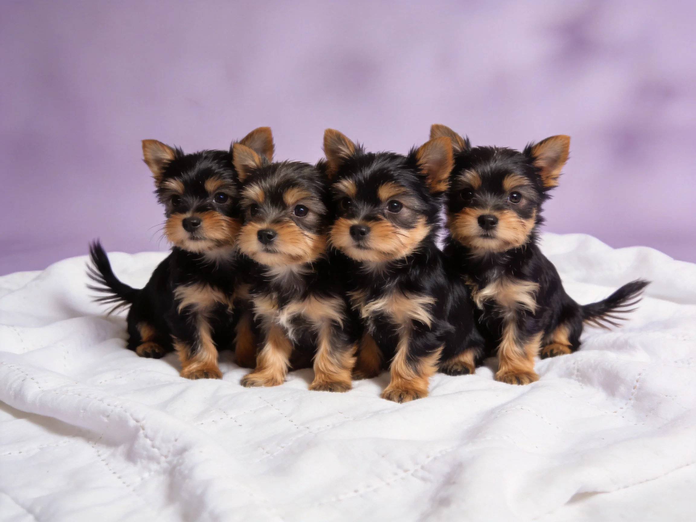 Four small black and tan puppies sit on a white cloth with a purple backdrop