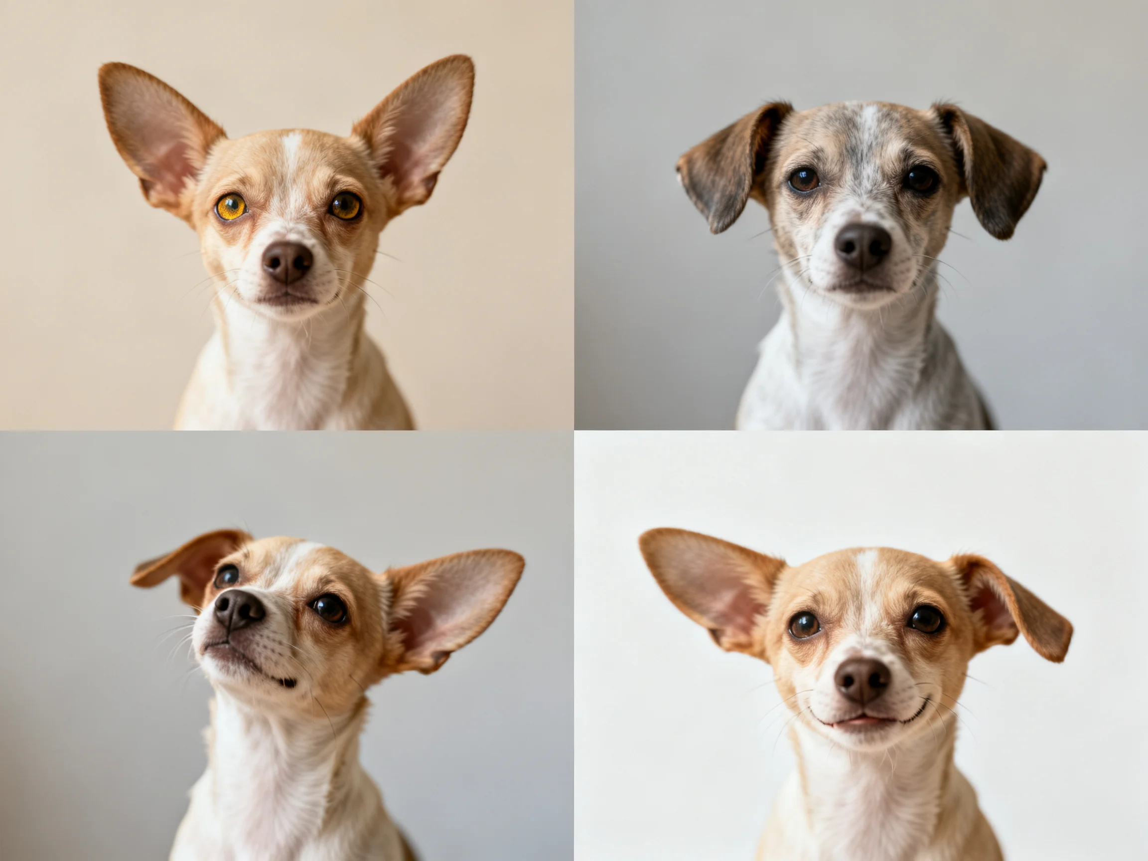 Four small dogs posed in a two-by-two grid with neutral backdrops