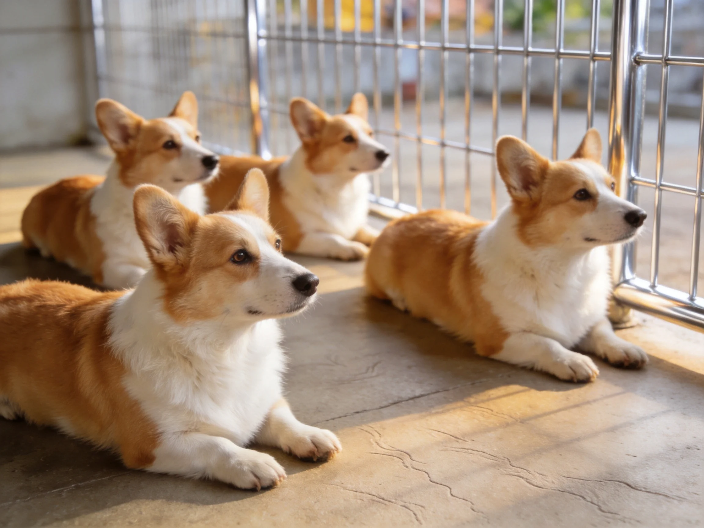 Four tan-and-white corgis rest near a metallic fence on a concrete floor.