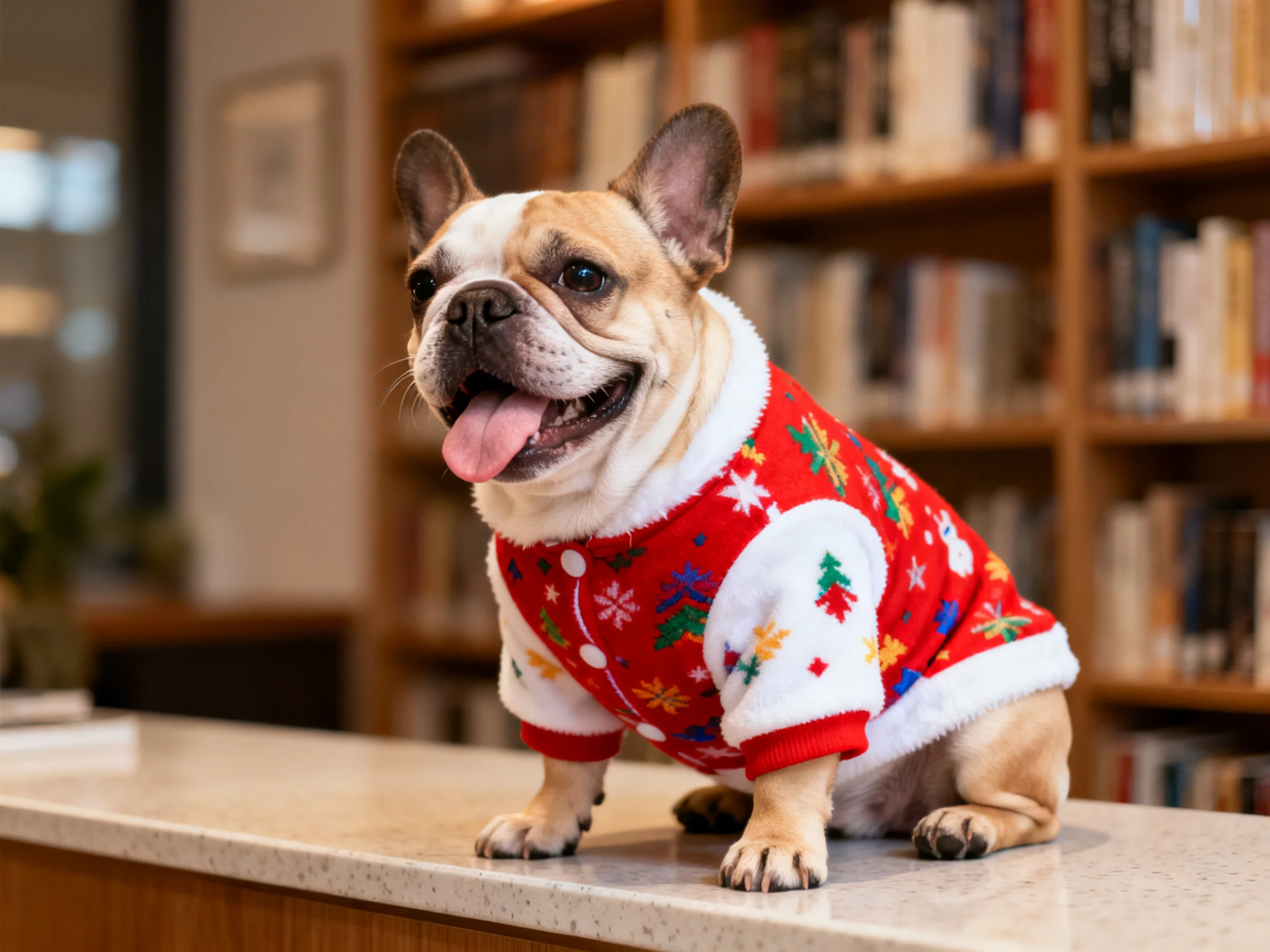A French bulldog in a festive sweater sits on a counter with bookshelves nearby.