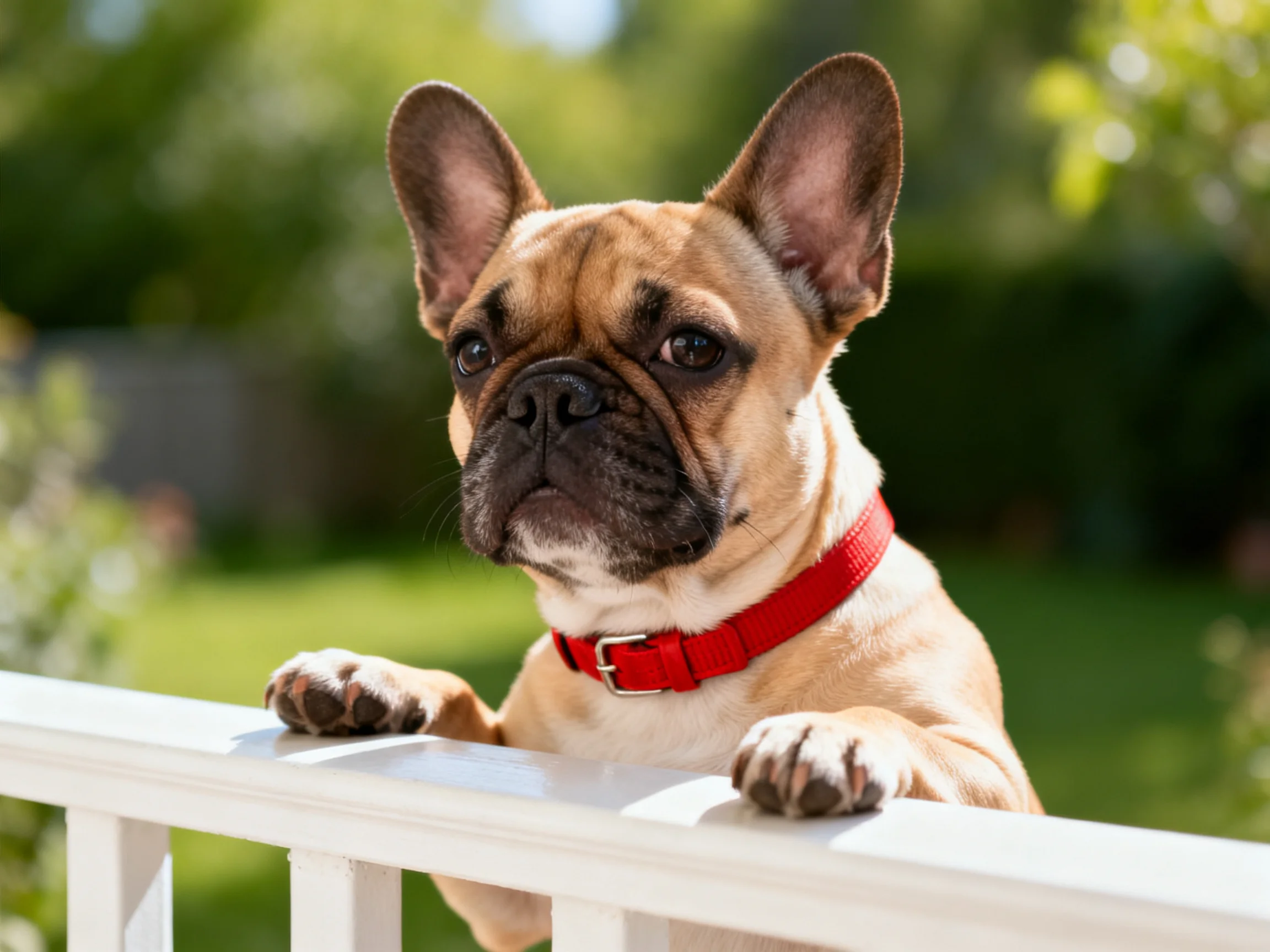 A French bulldog with a red collar looks from behind a white fence in a green outdoor area.
