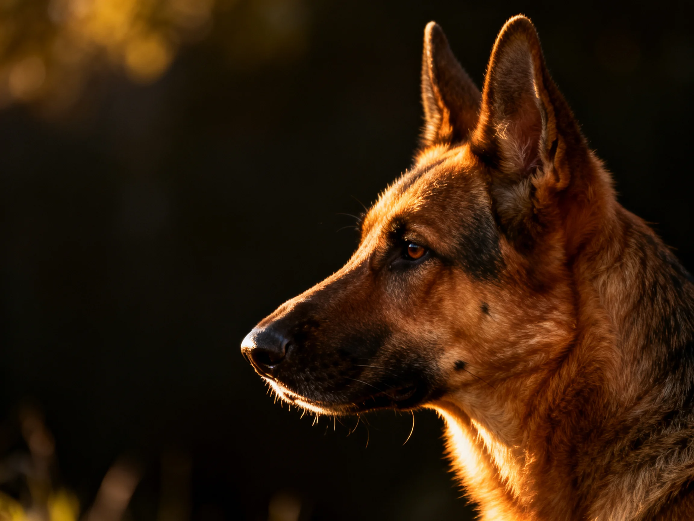 German Shepherd dog illuminated by warm golden light against dark backdrop