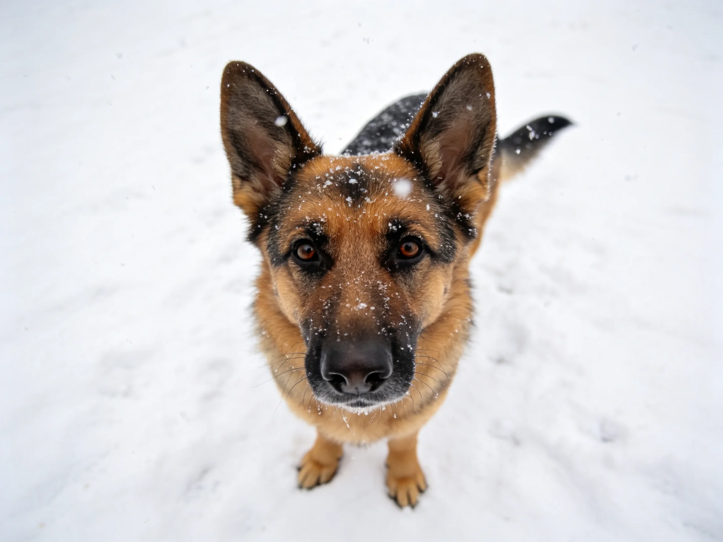 German Shepherd dog in snowy landscape with brown and black fur