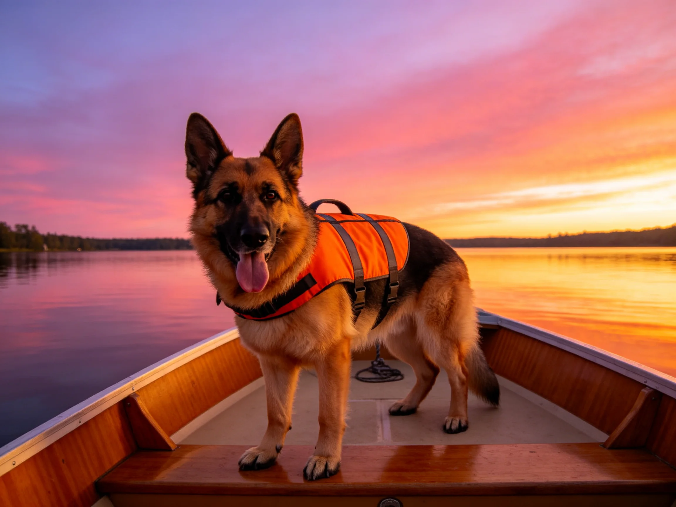 A German Shepherd wearing an orange life vest stands on a wooden boat at sunset over calm water.