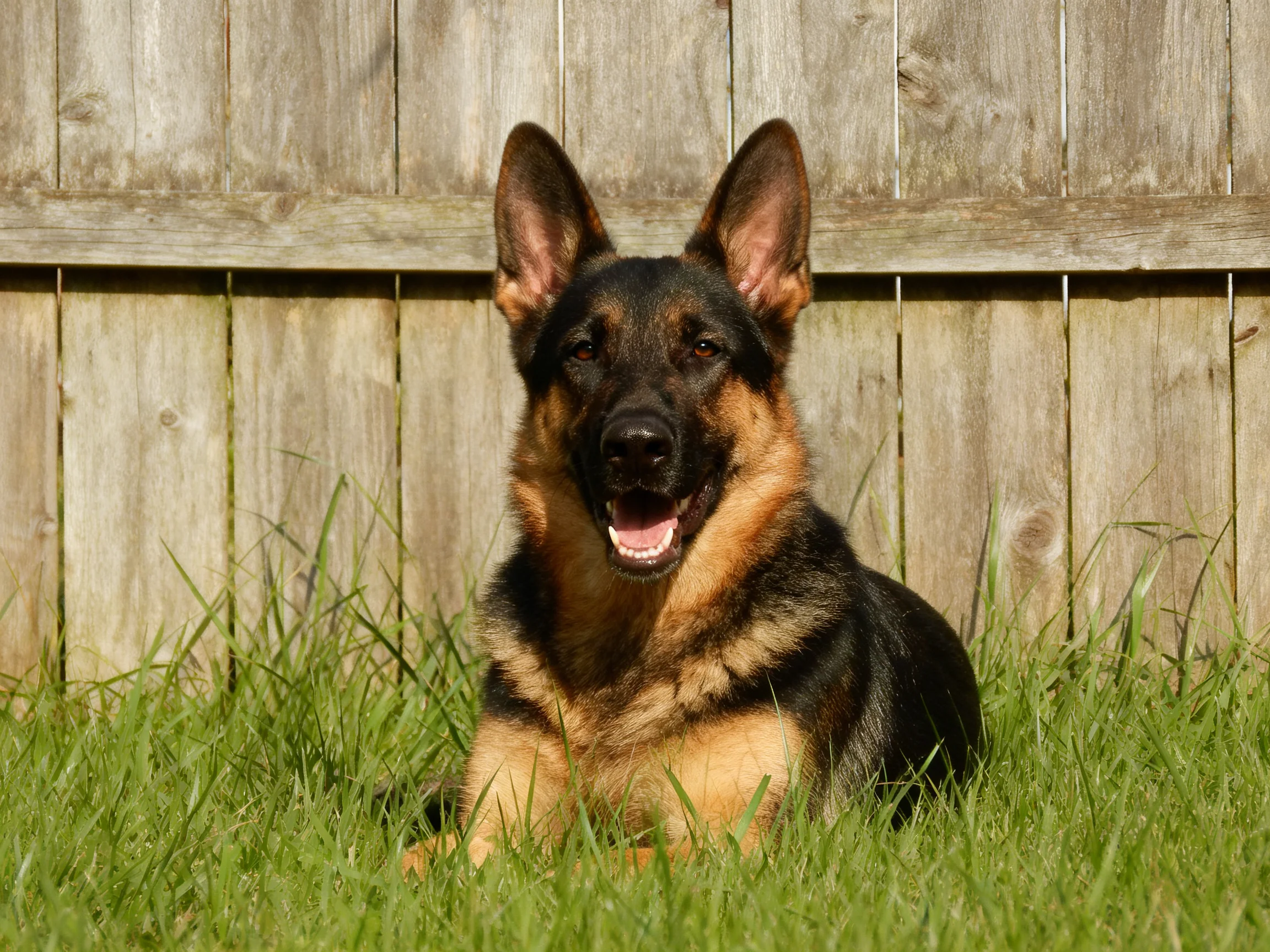 German Shepherd relaxes in grass near wooden fence
