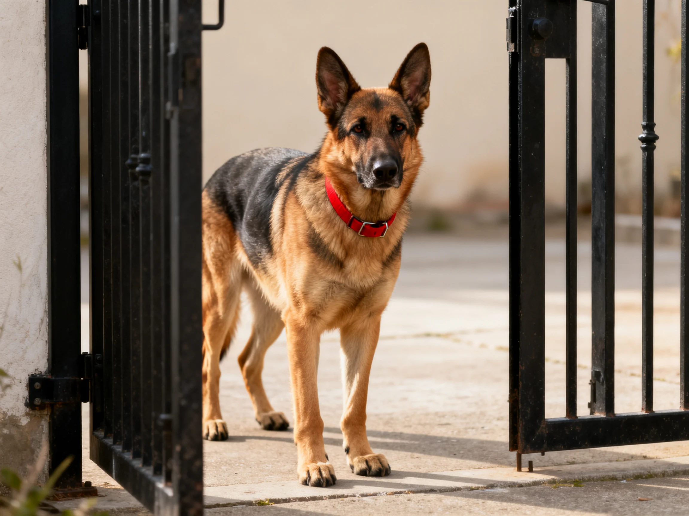 German Shepherd with red collar near open black metal gate