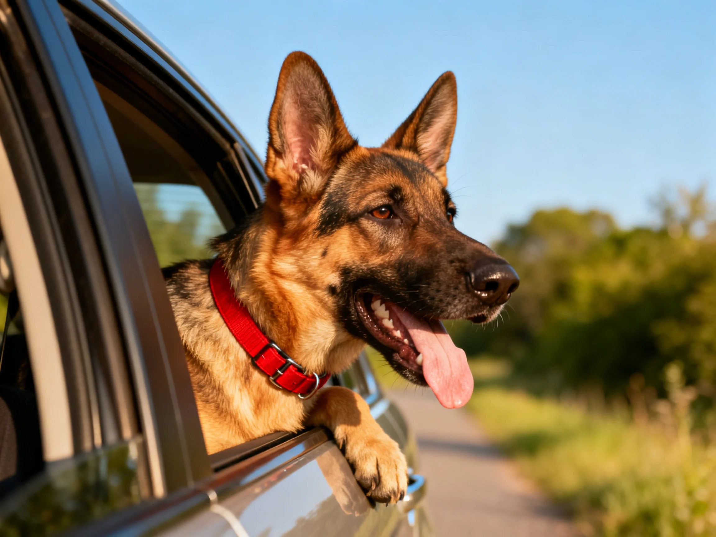 German Shepherd with red collar sticking head out of open car window