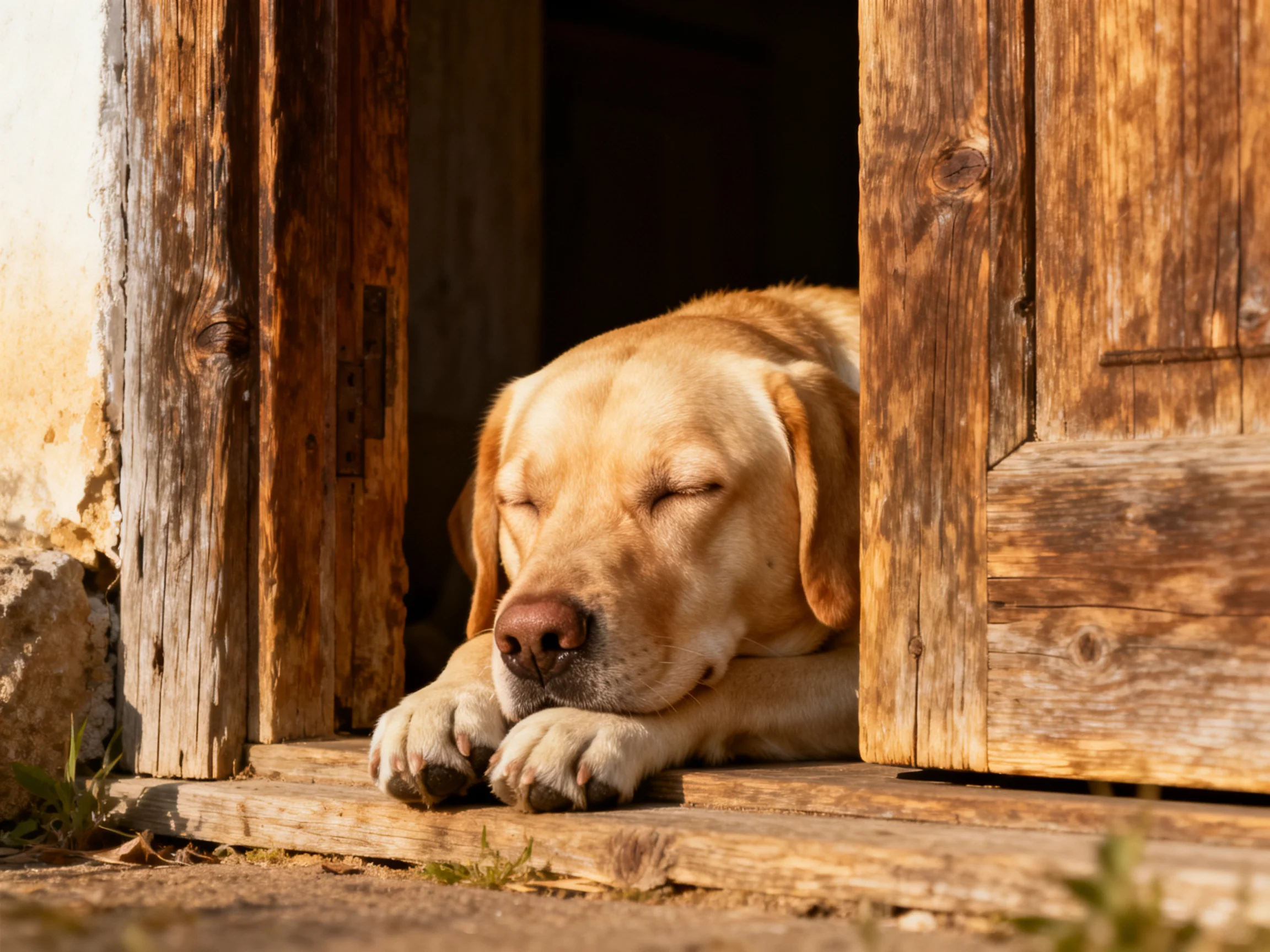 Golden Labrador Sleeping in Weathered Wooden Doorway
