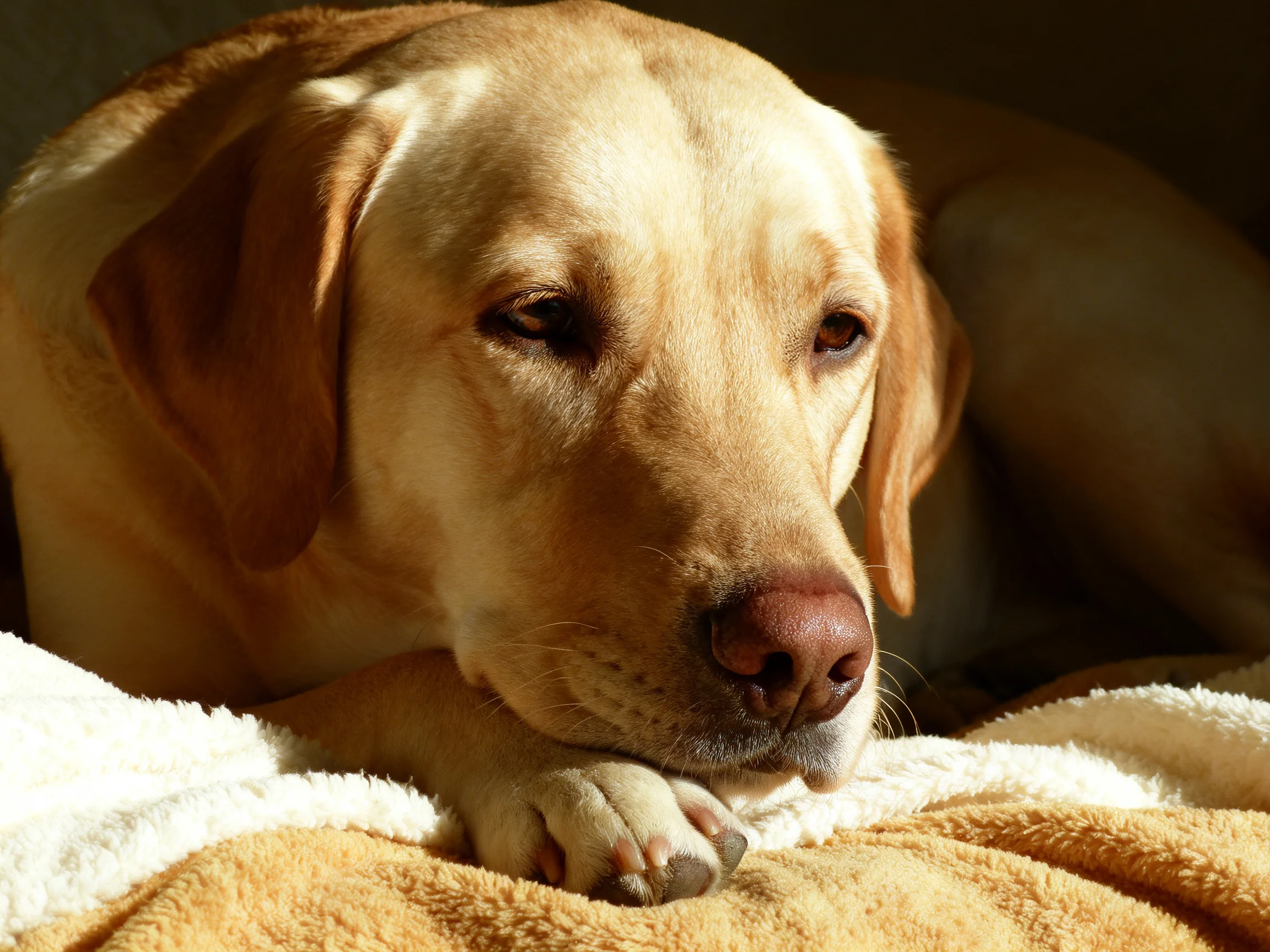 Golden Labrador relaxes on blankets in a sunlit setting.
