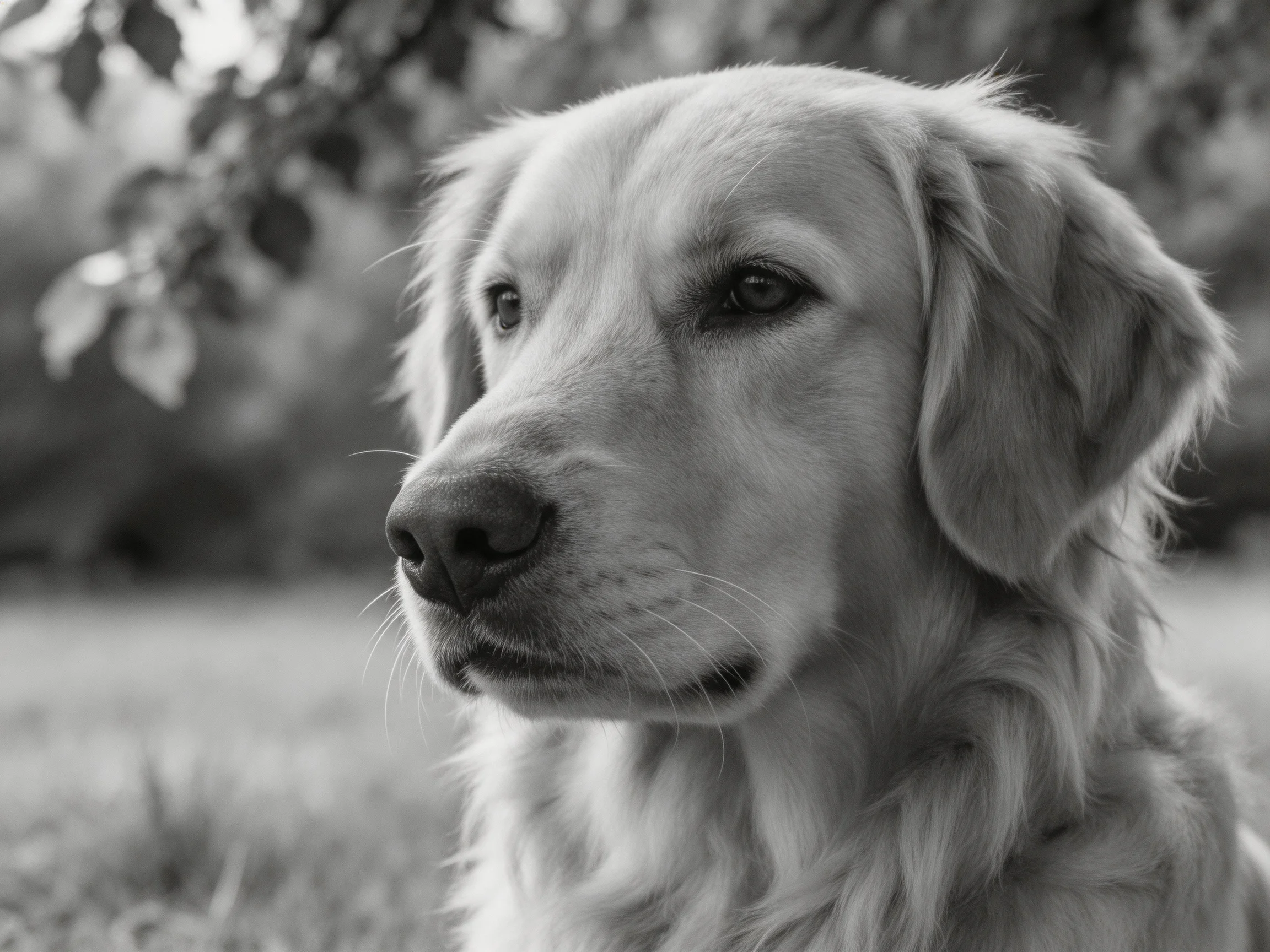 Golden Retriever Close-Up in Monochrome Outdoor Scene