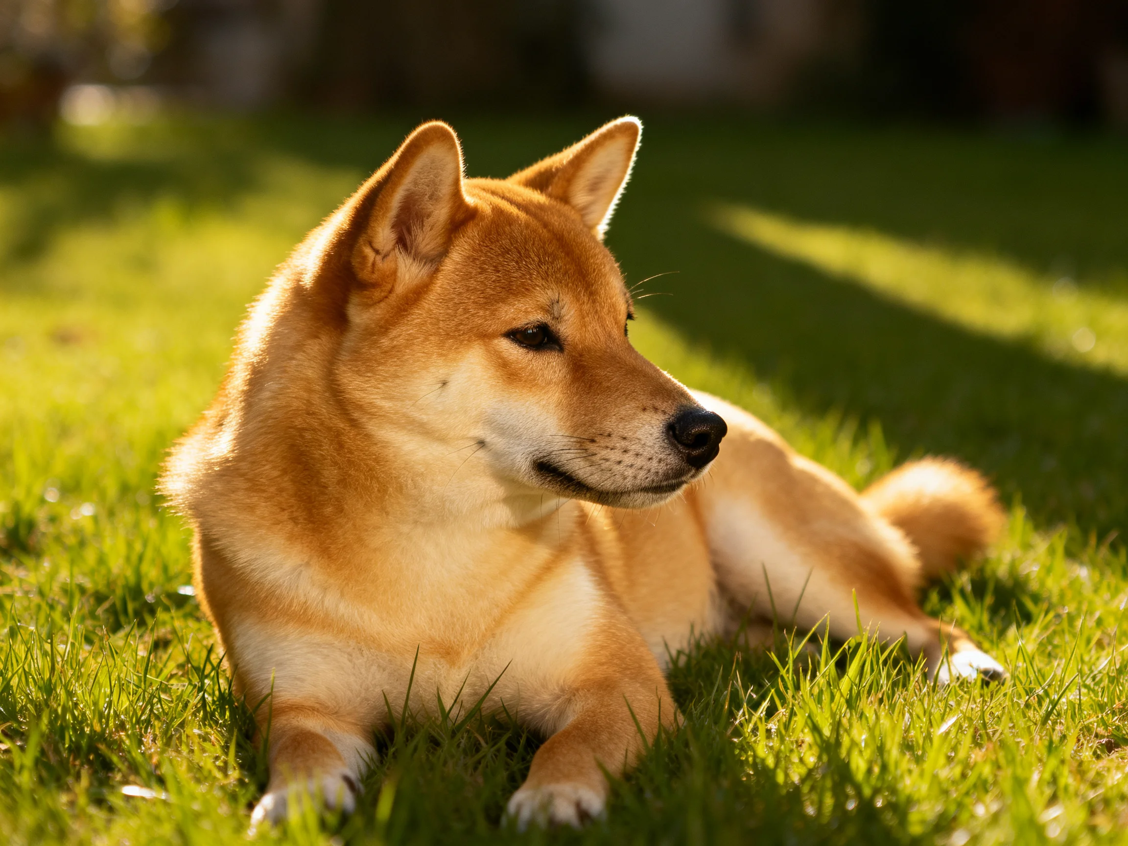 Golden Shiba Inu resting on lush green grass under bright sunlight