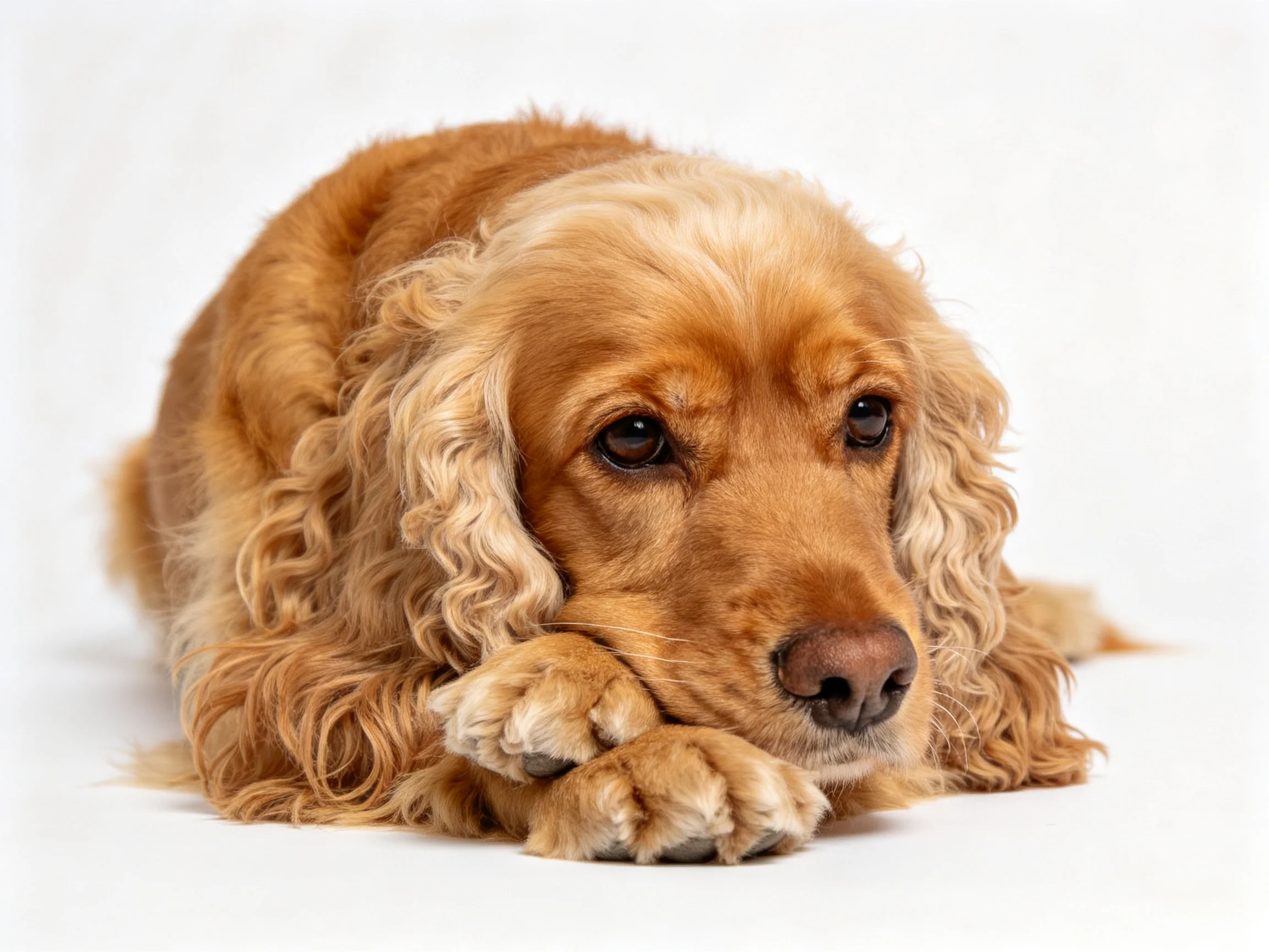 Golden-brown Cocker Spaniel rests with curly fur on white backdrop