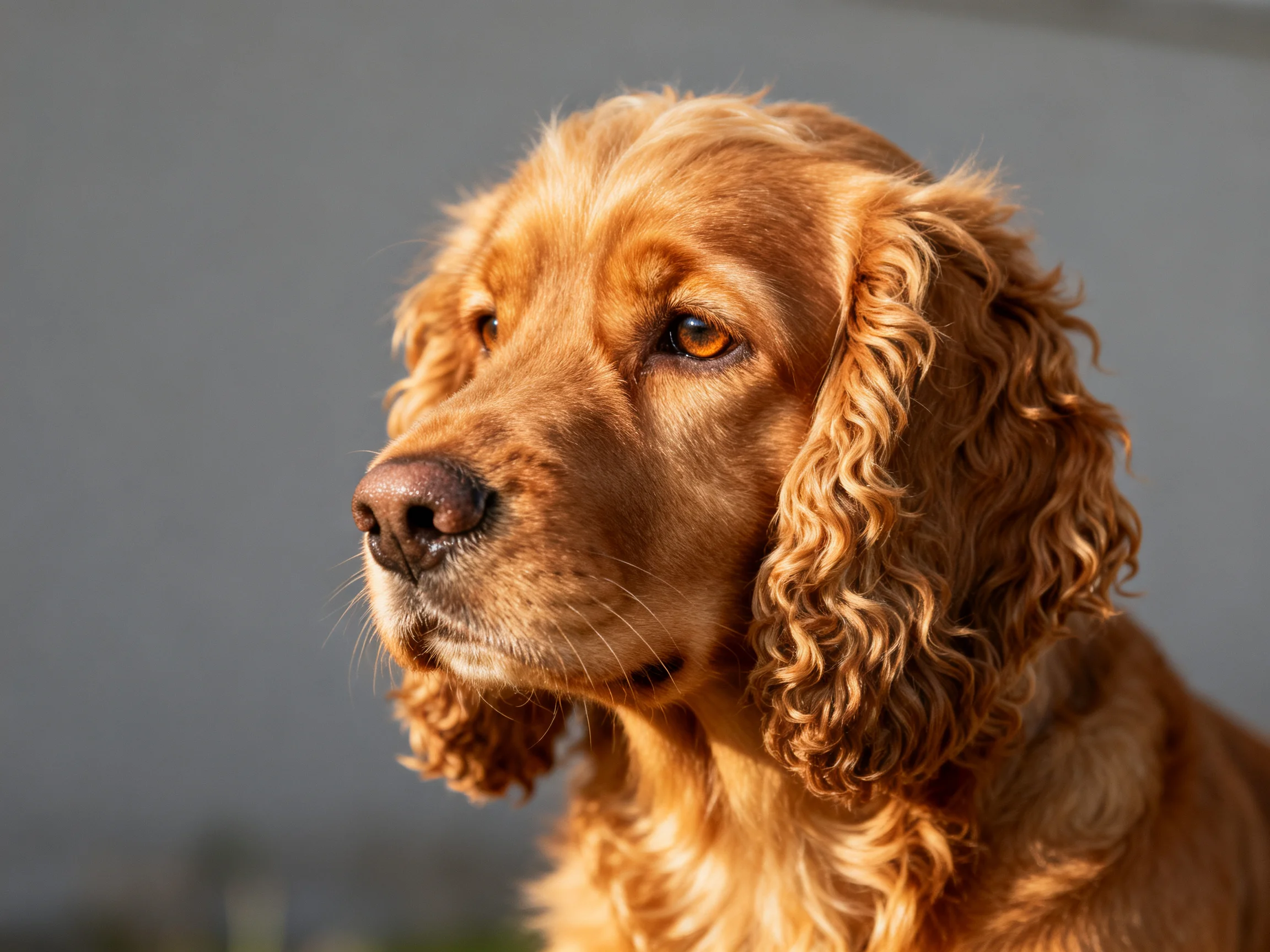 Golden-brown Cocker Spaniel with curly ears in soft natural light