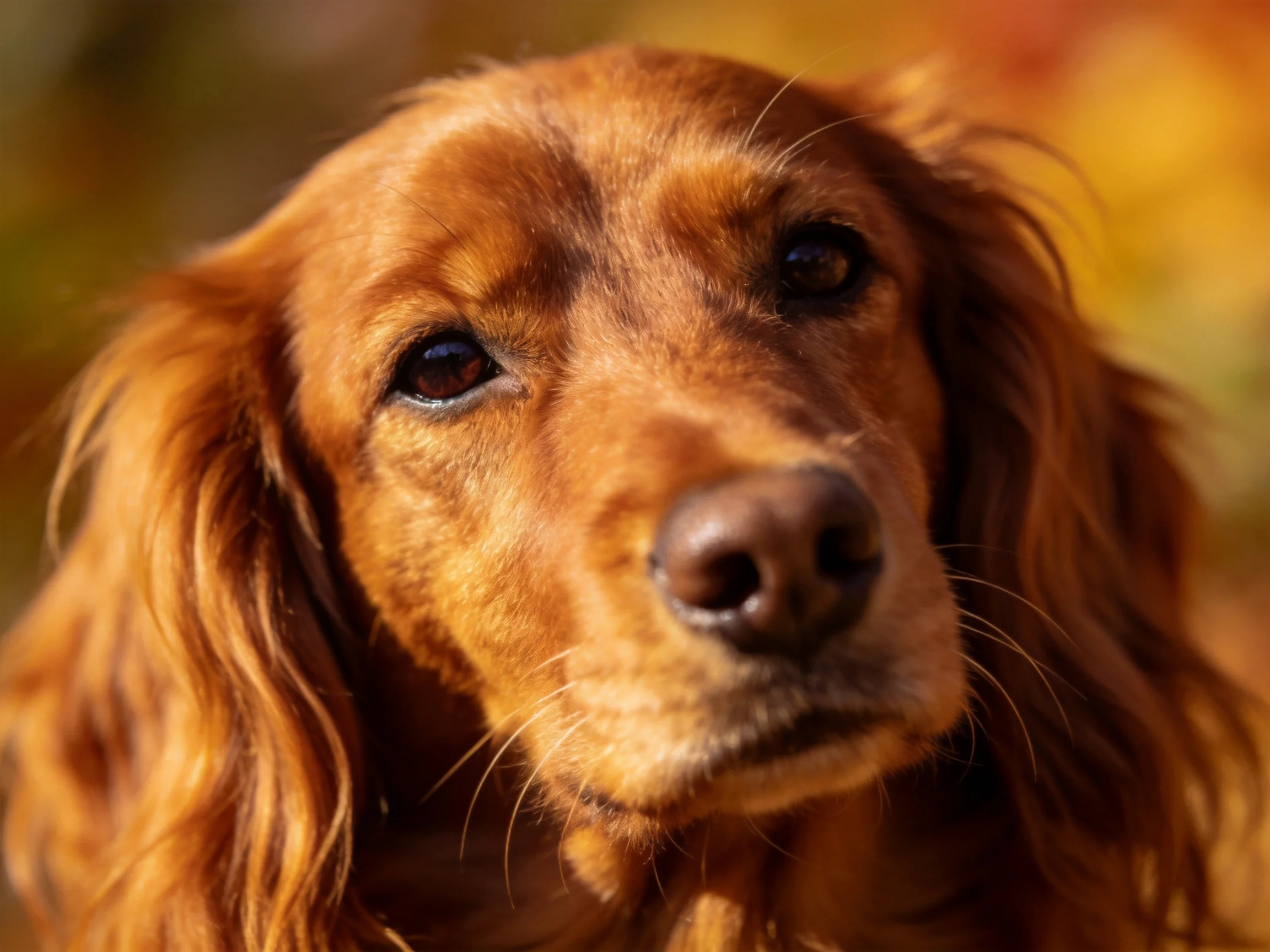 A golden-brown spaniel is shown up close in a warmly lit outdoor setting.