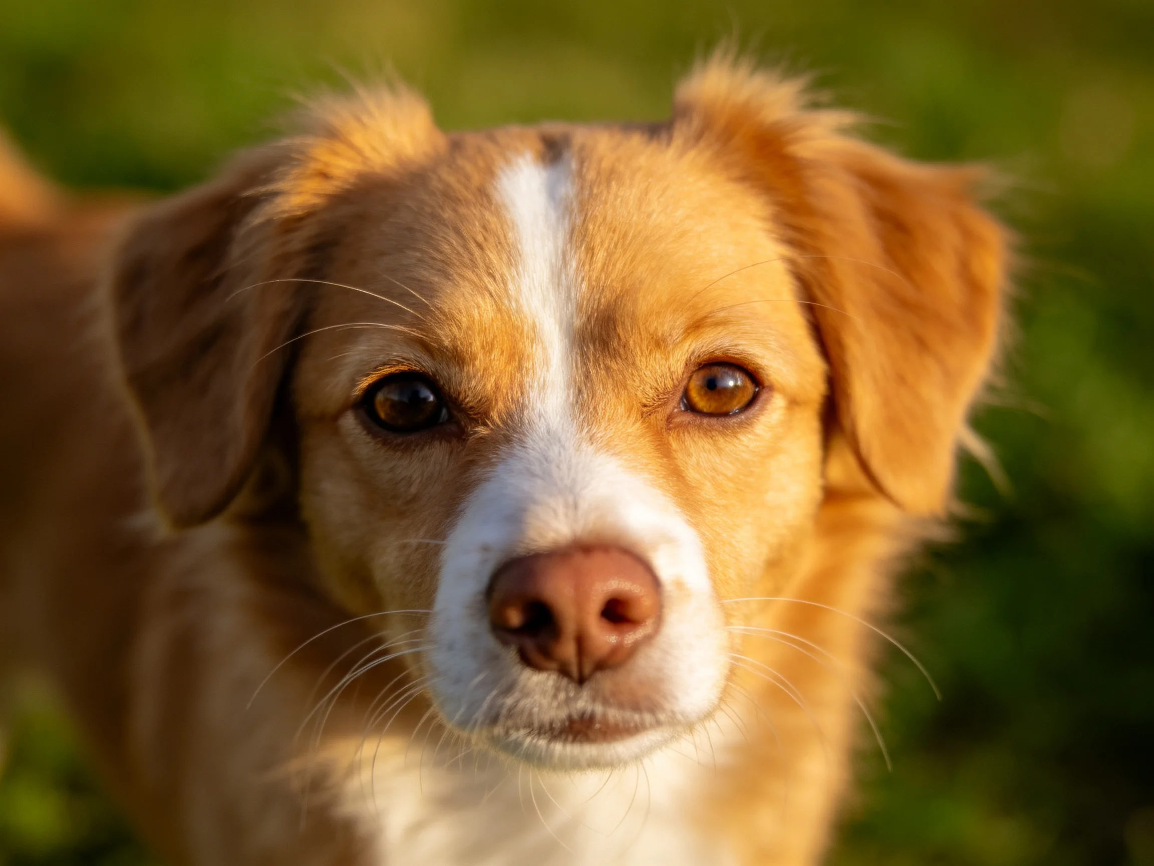 A golden-brown and white dog looks directly at the camera in a sunlit outdoor setting.