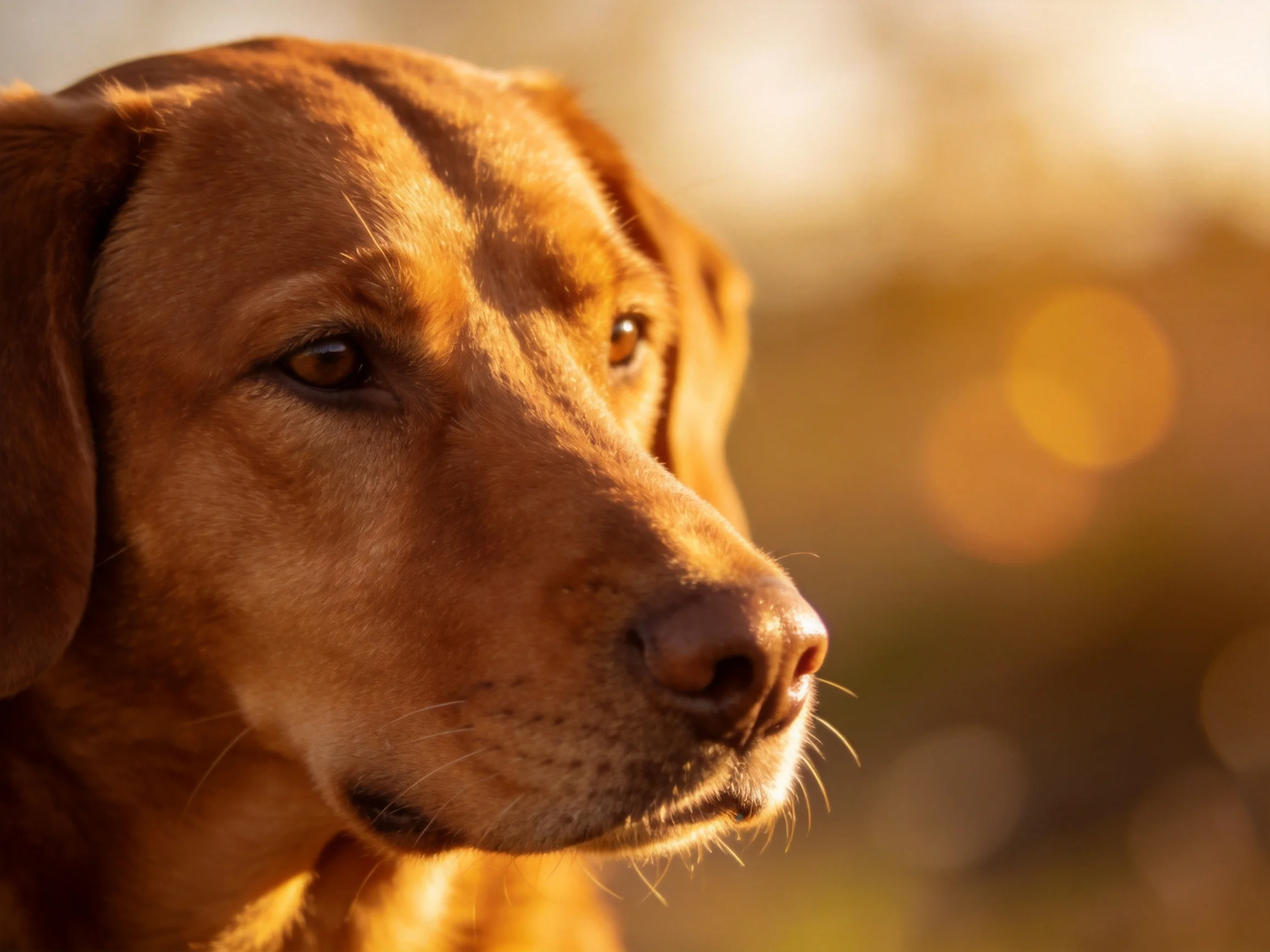 Golden-brown dog close-up with soft bokeh background