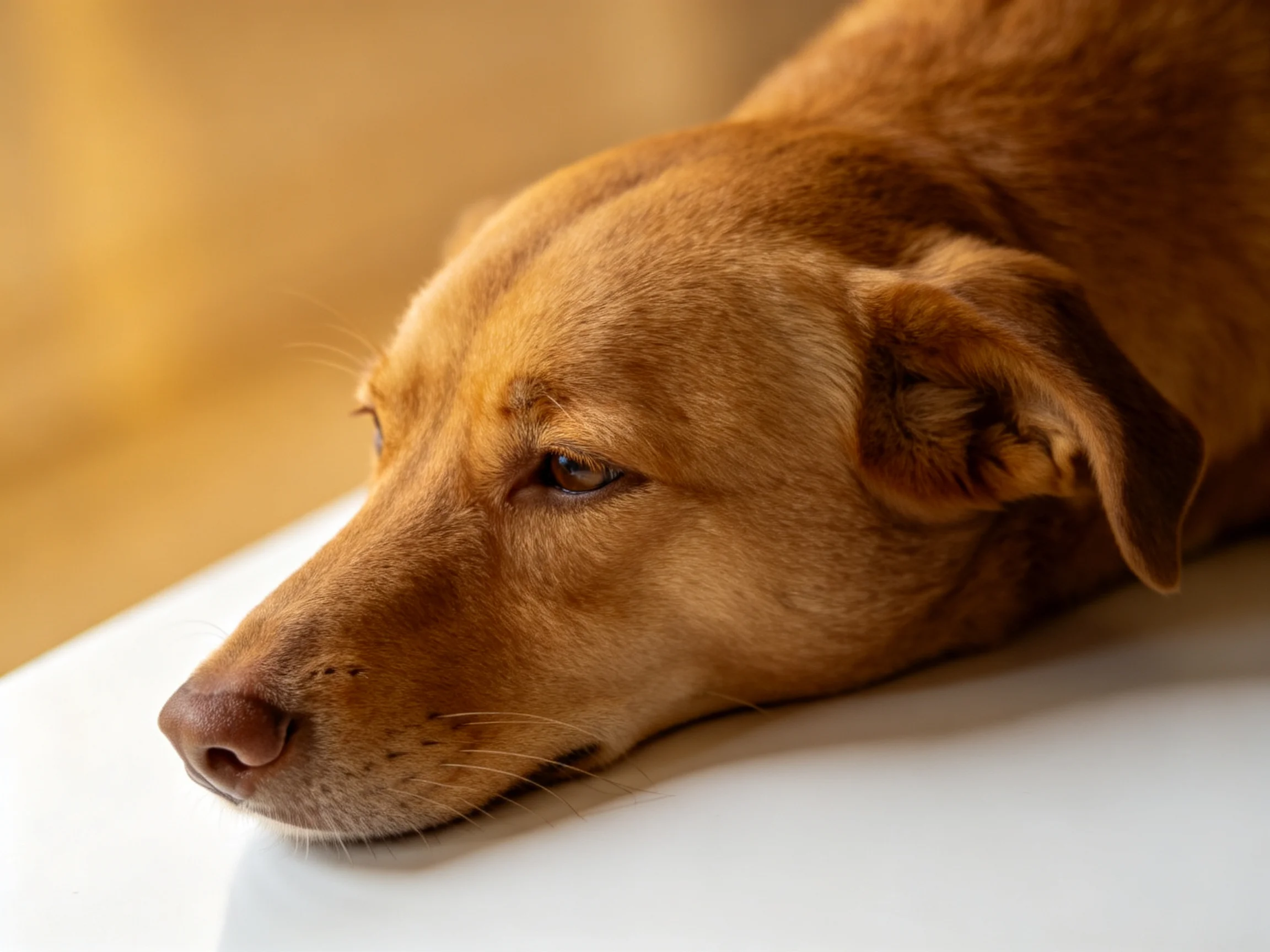 A golden-brown dog rests calmly on a smooth white surface.
