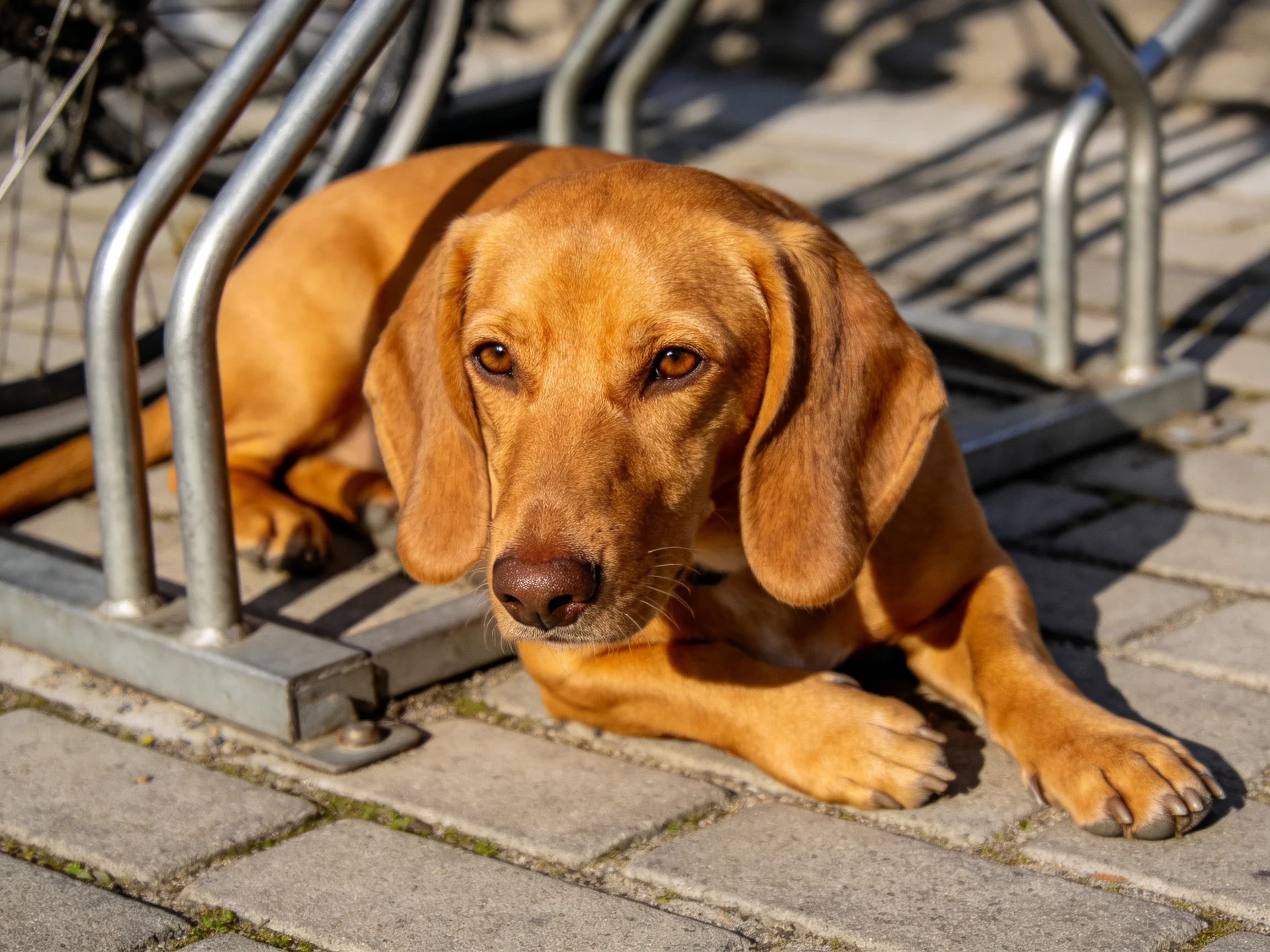 A golden-brown dog relaxes near metallic bike racks on a brick pavement.